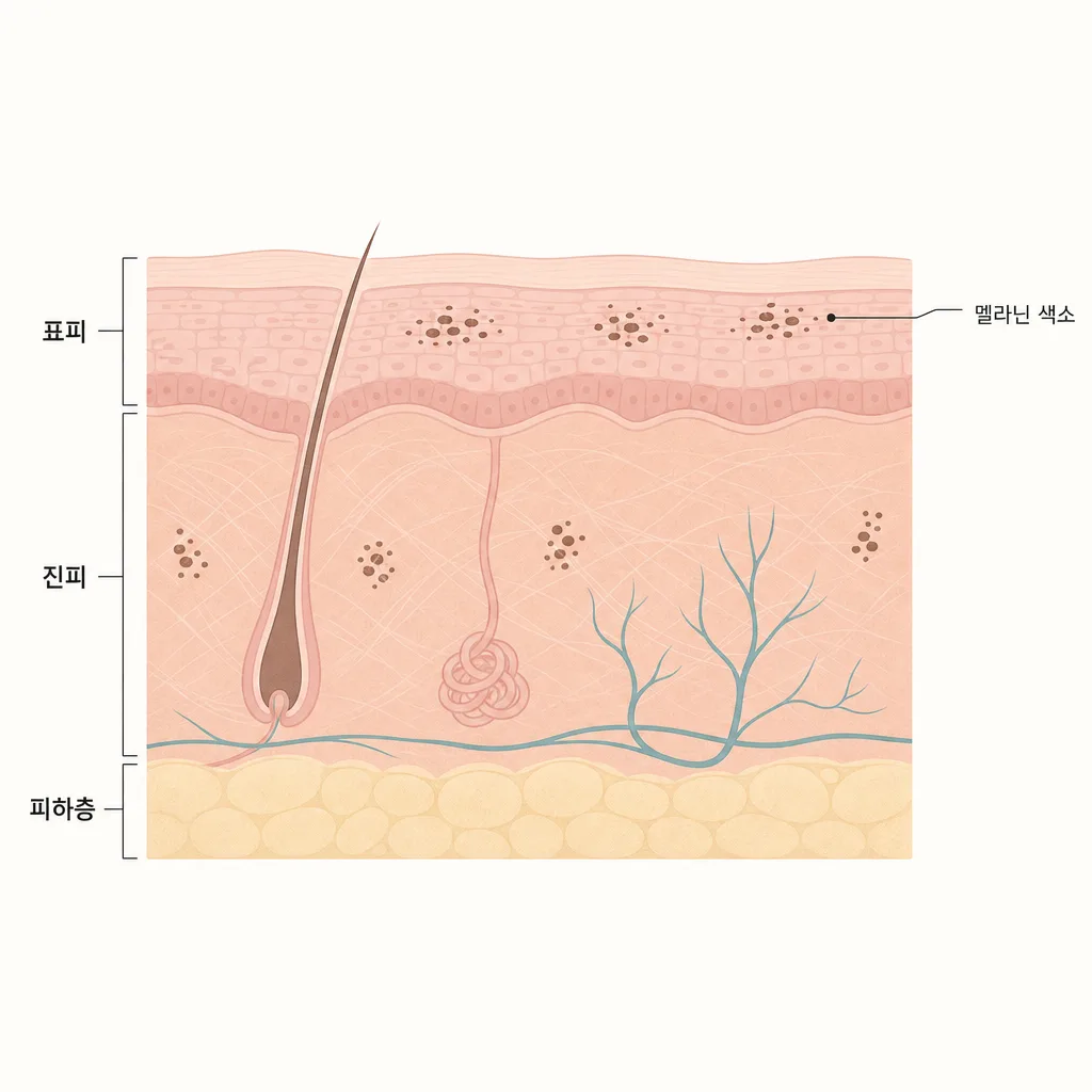 표피와 진피 — 색소가 자리잡는 깊이 차이