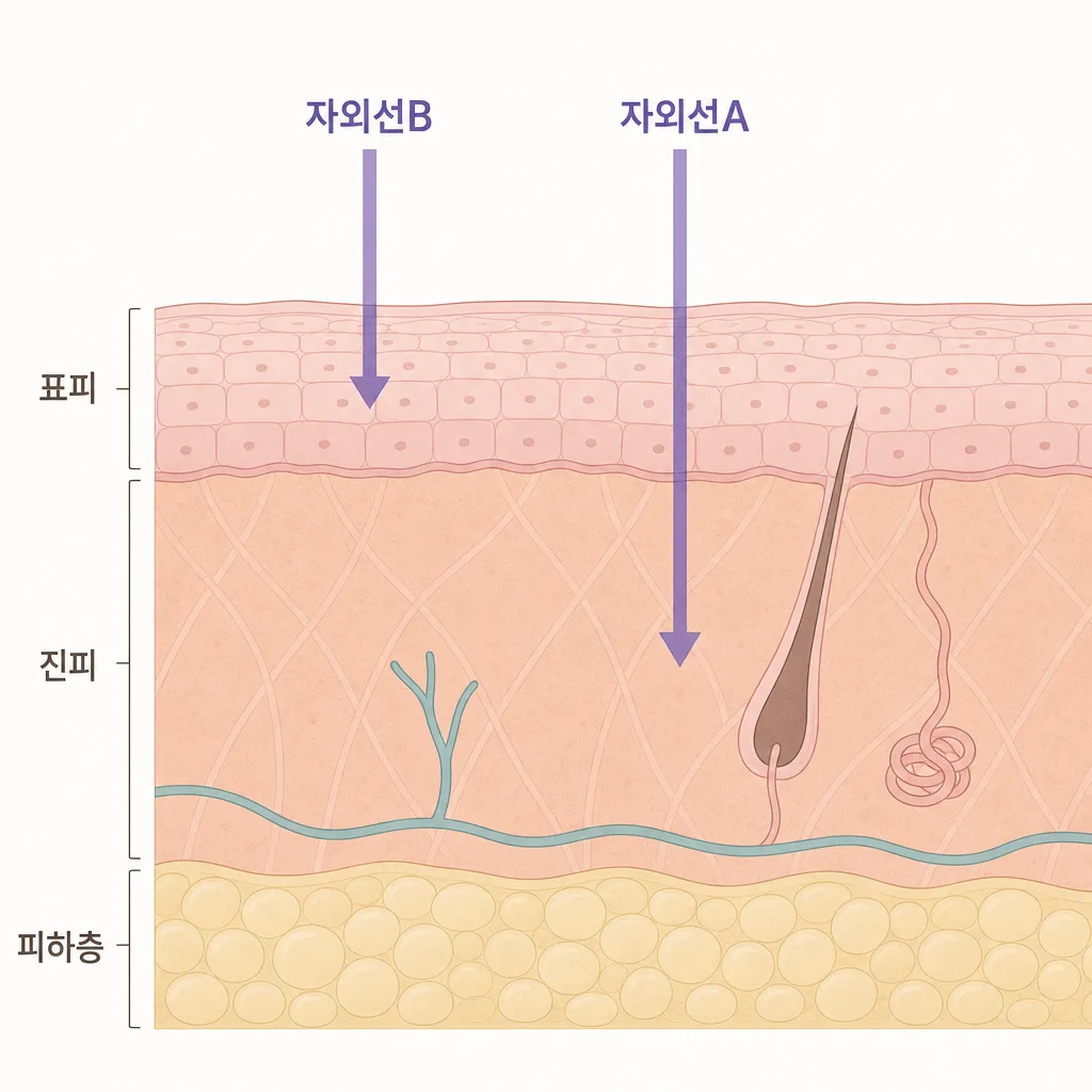 자외선B는 표피, 자외선A는 진피까지 닿는 깊이 차이