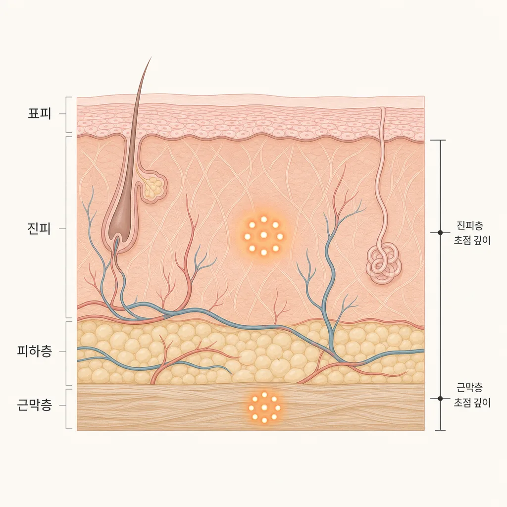 슈링크 초음파가 닿는 진피와 깊은 근막층 도트