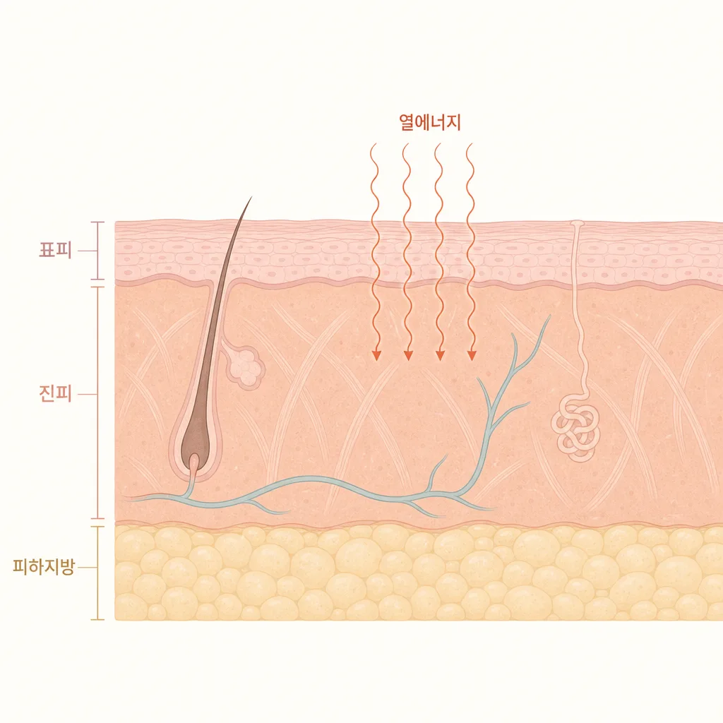 진피층에 열에너지가 전달되며 콜라겐을 자극하는 위치