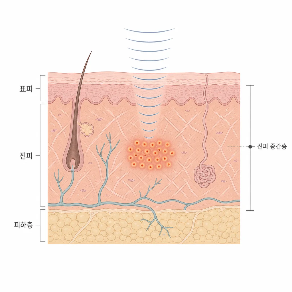 진피 중간층에 초음파 에너지가 모이는 깊이