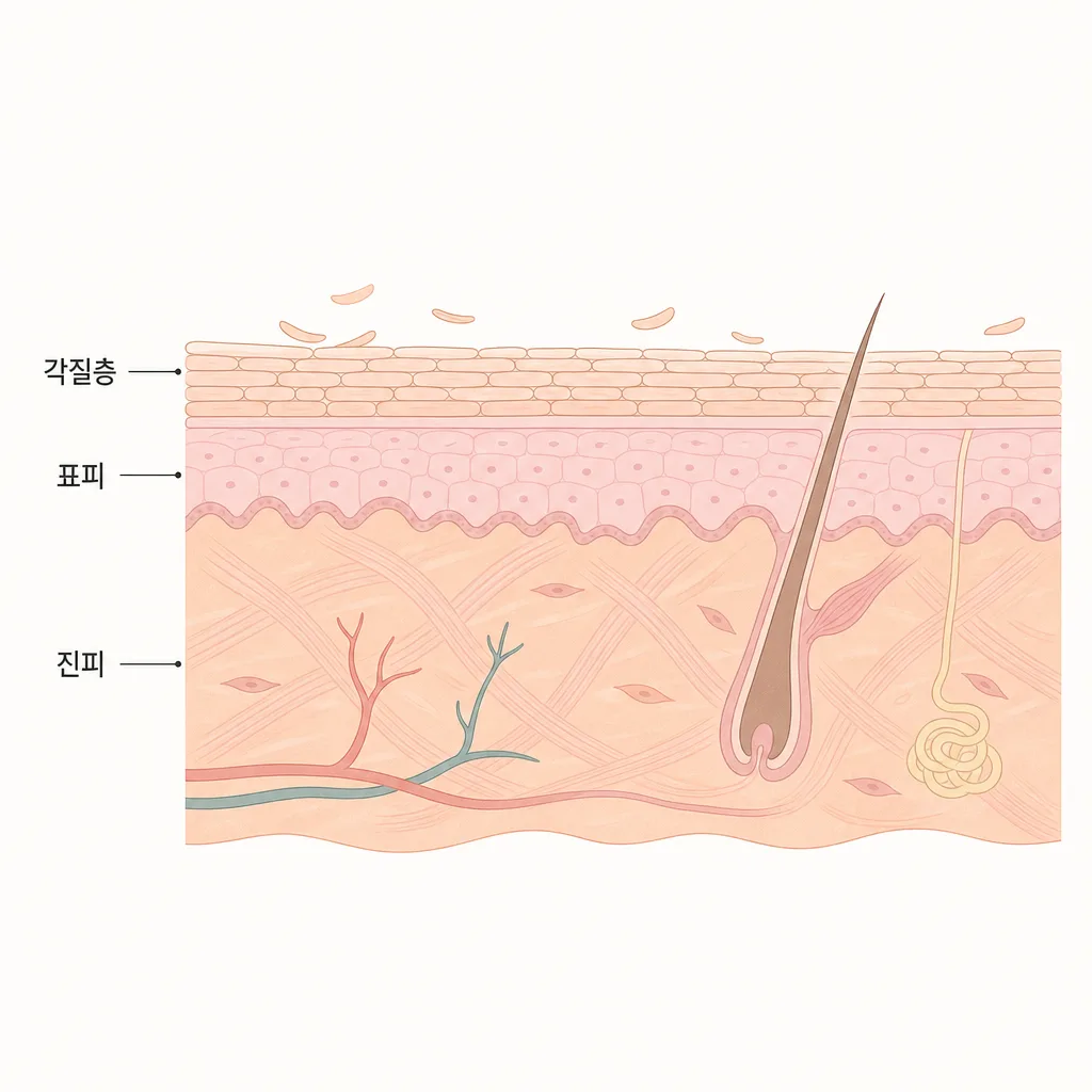 각질층 위쪽에서 오래된 각질이 떨어져 나가는 단면