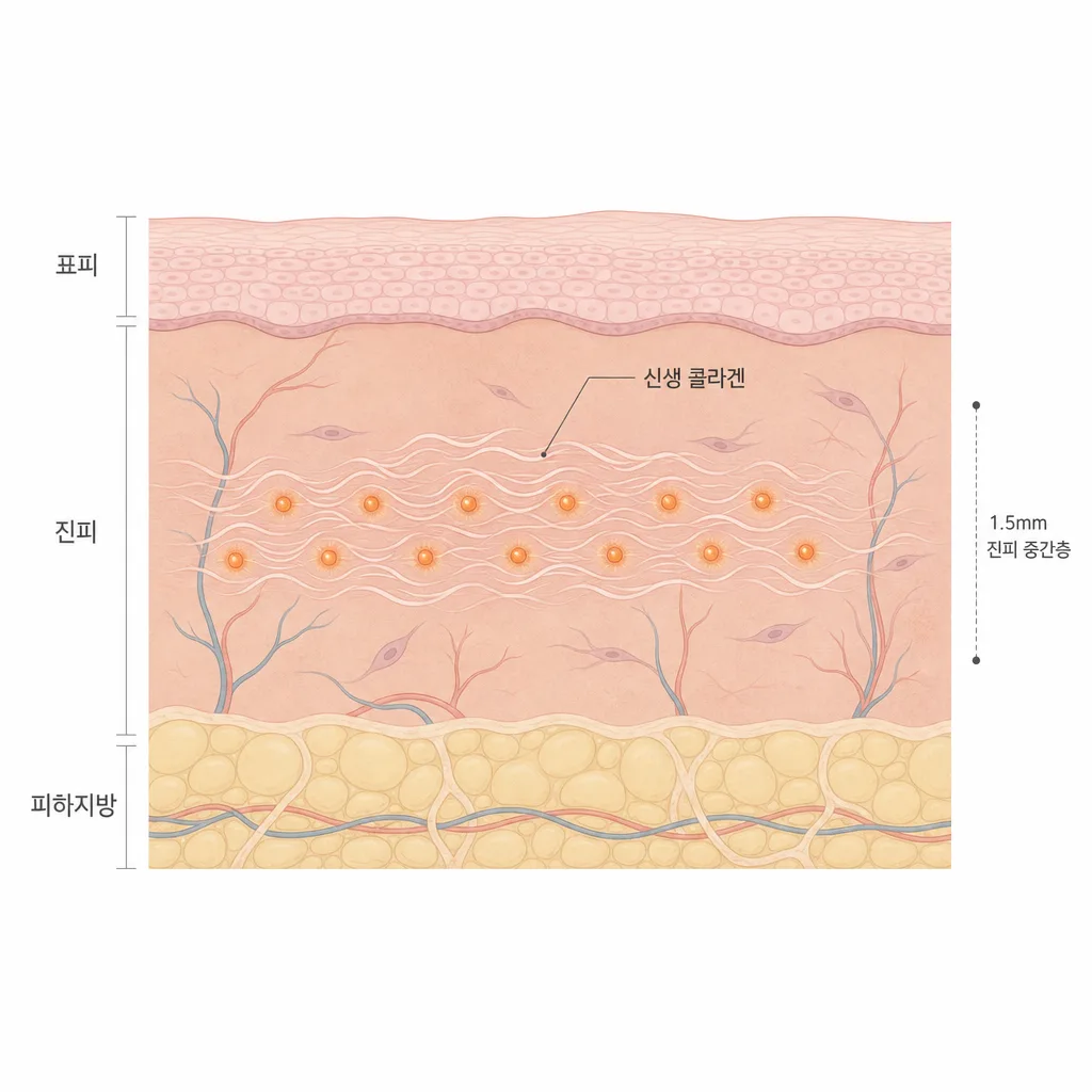 진피 중간층에 모인 초음파 열점과 그 둘레로 차오르는 신생 콜라겐