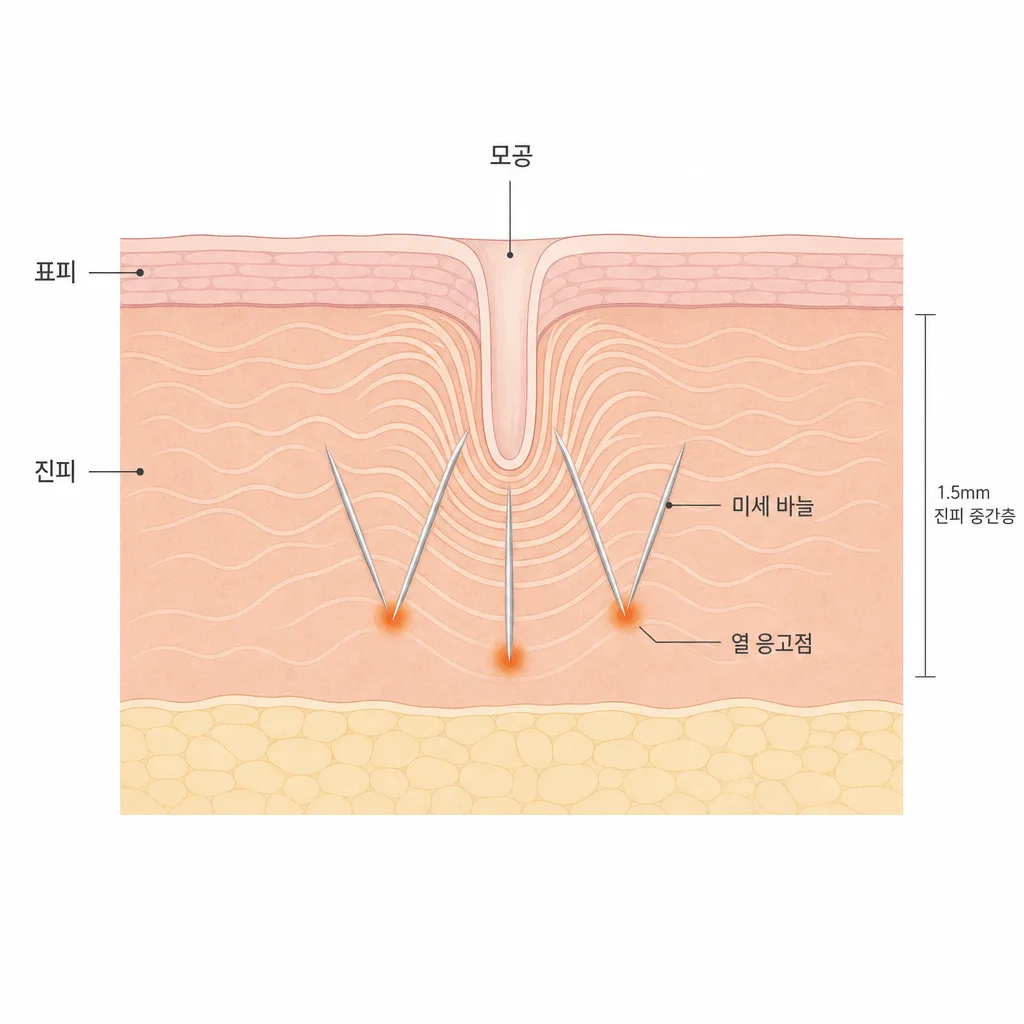 진피로 들어간 미세 바늘과 모공 벽을 조여가는 신생 콜라겐