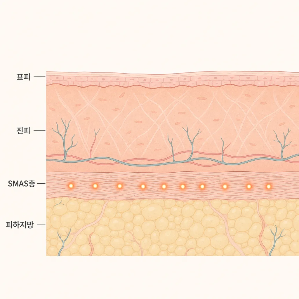 표피·진피 아래 SMAS층 깊이에 초음파 초점이 모이는 모습