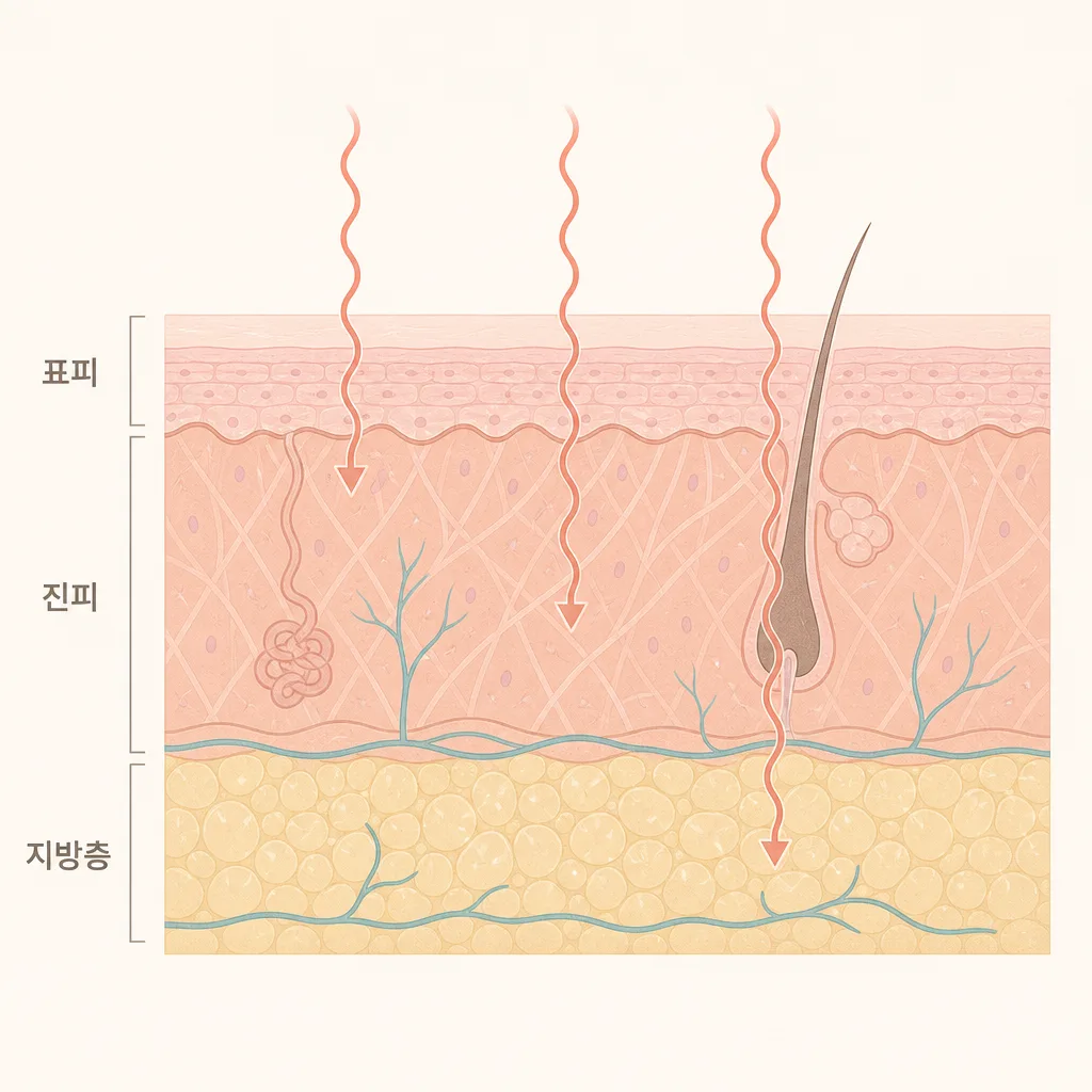 표피·진피·지방층에 열이 닿는 단면 모습