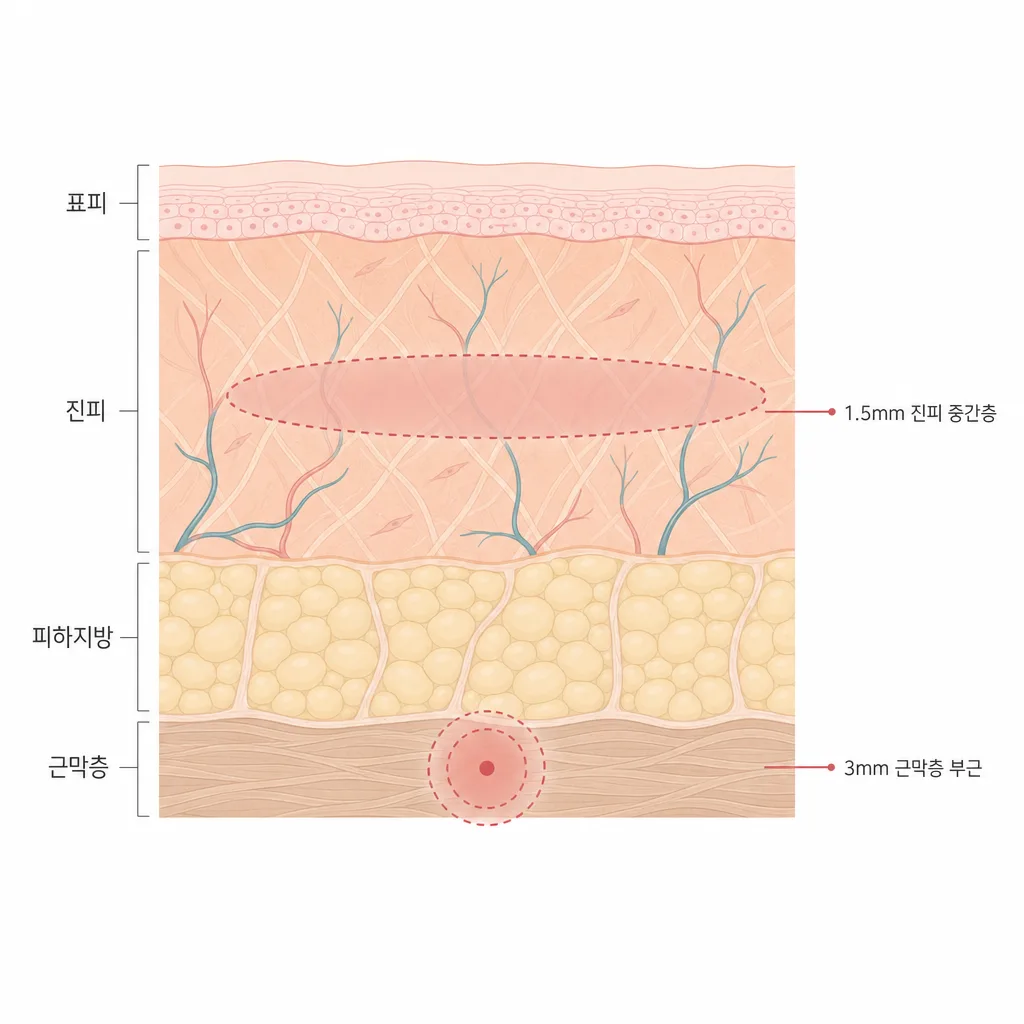 진피를 넓게 데우는 고주파와 깊은 층에 점으로 닿는 초음파