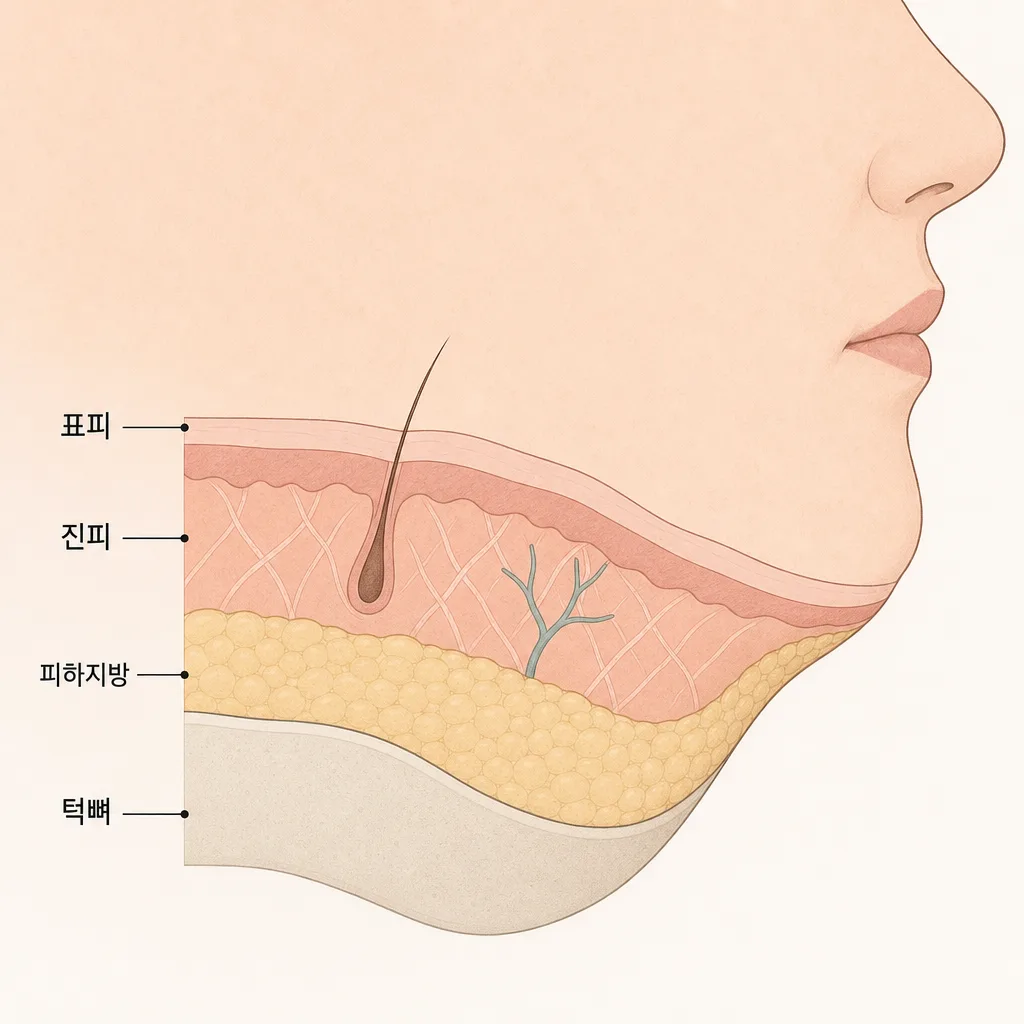 턱선 아래 피부와 피하지방, 턱뼈가 이루는 층
