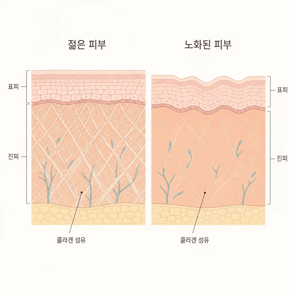젊은 피부와 나이 든 피부의 진피 콜라겐 밀도 차이