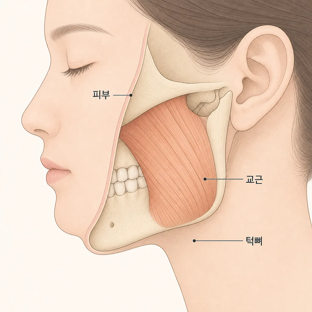 턱 옆에 자리한 교근과 그 위의 얇은 피부층
