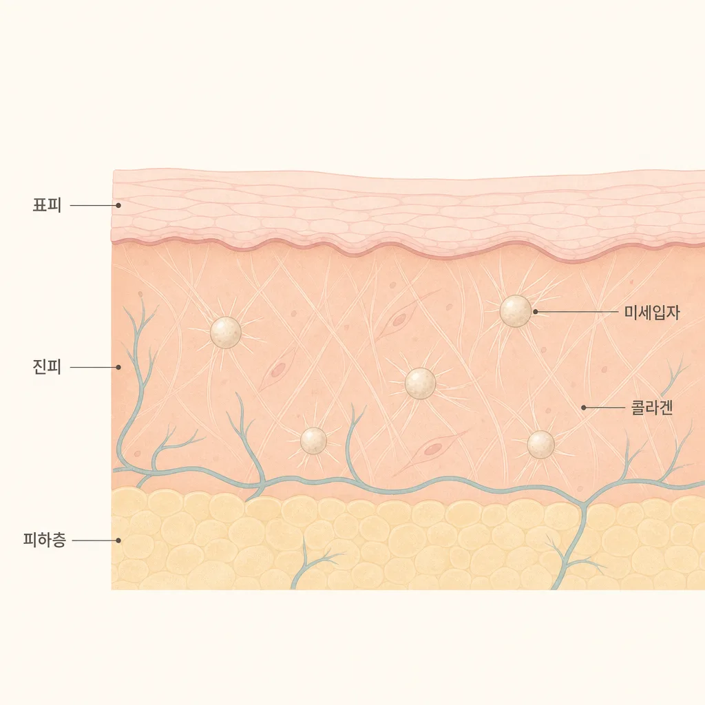 진피에서 미세입자 주변으로 콜라겐이 차오르는 모습