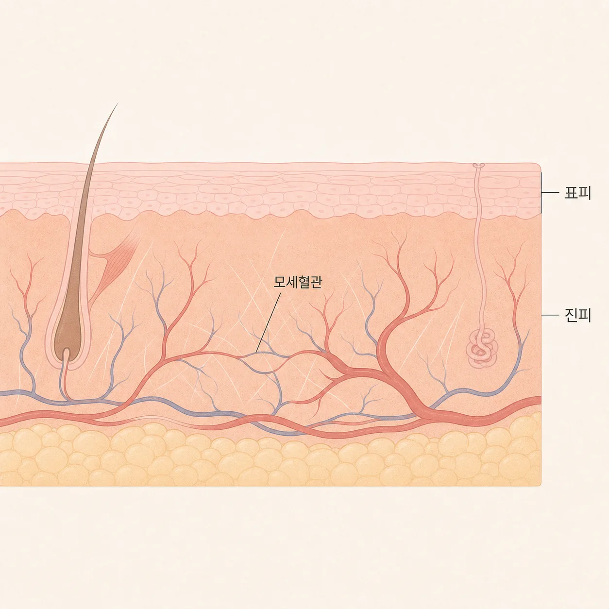 음주 후 진피 속 모세혈관이 넓어진 모습