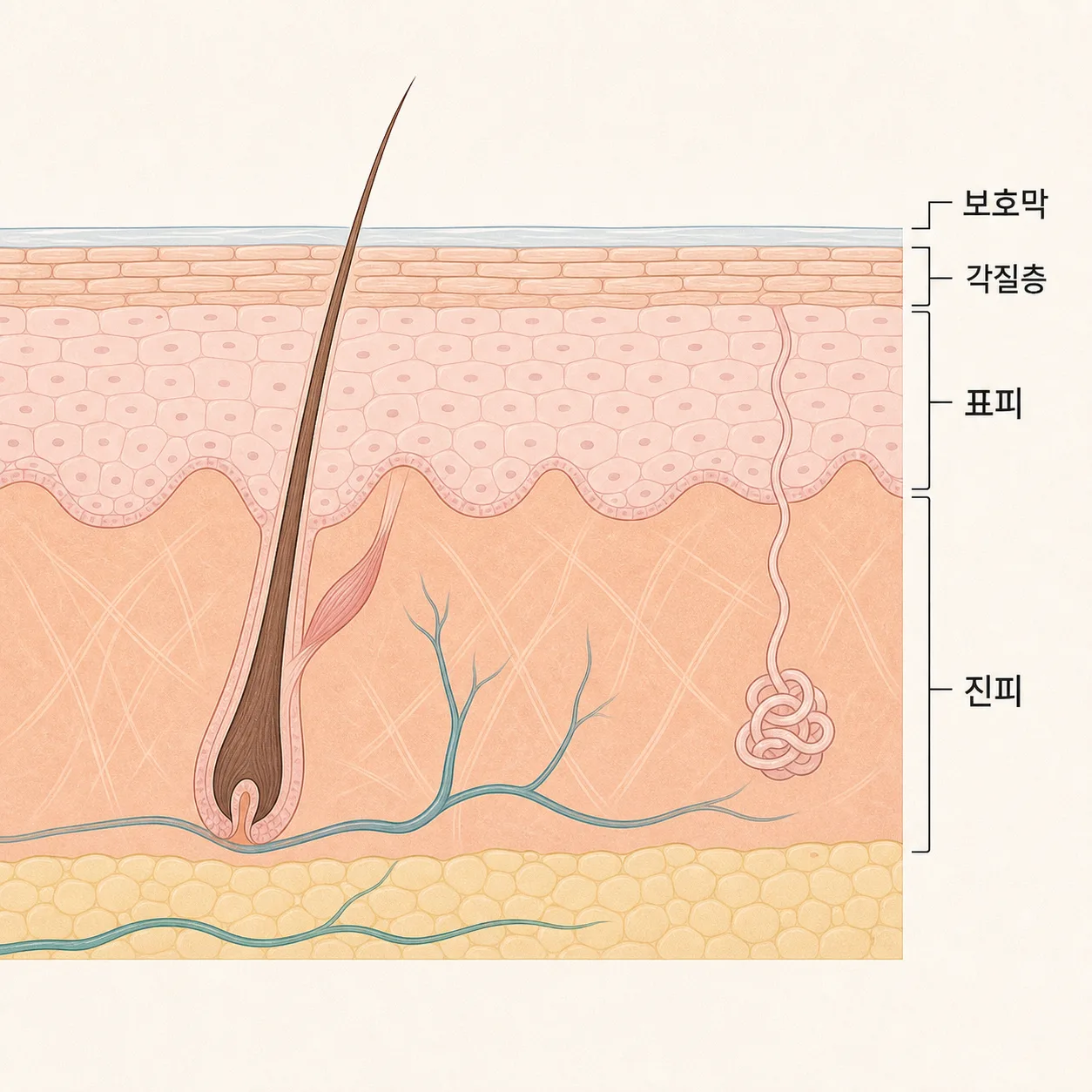 피부 가장 바깥의 각질층과 얇은 보호막