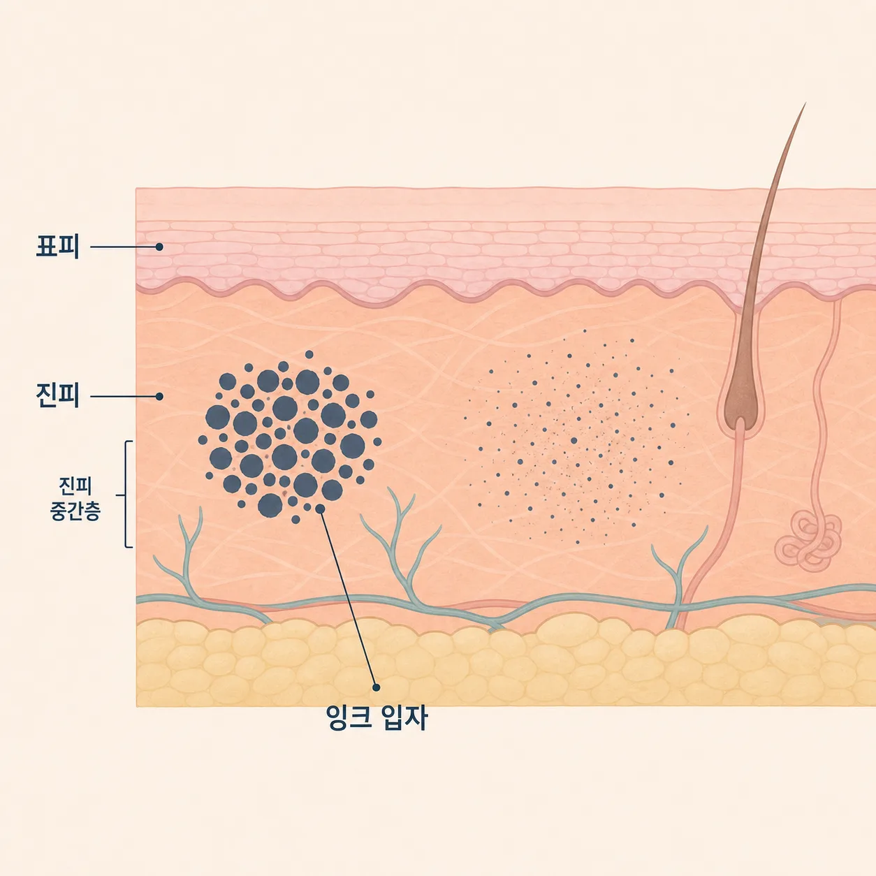 진피의 잉크가 잘게 부서지는 구조
