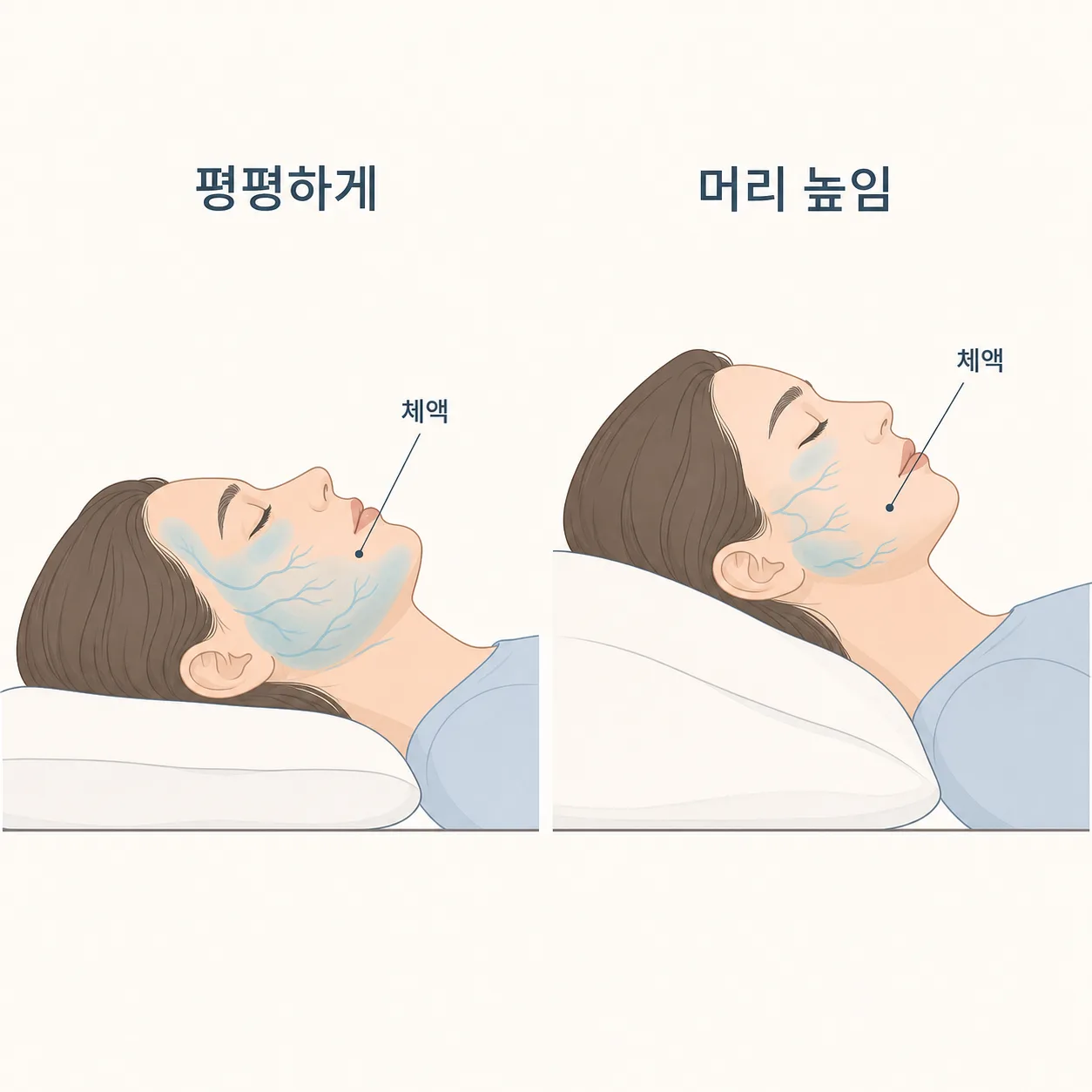 평평하게 누웠을 때와 머리를 높였을 때 얼굴 체액의 차이