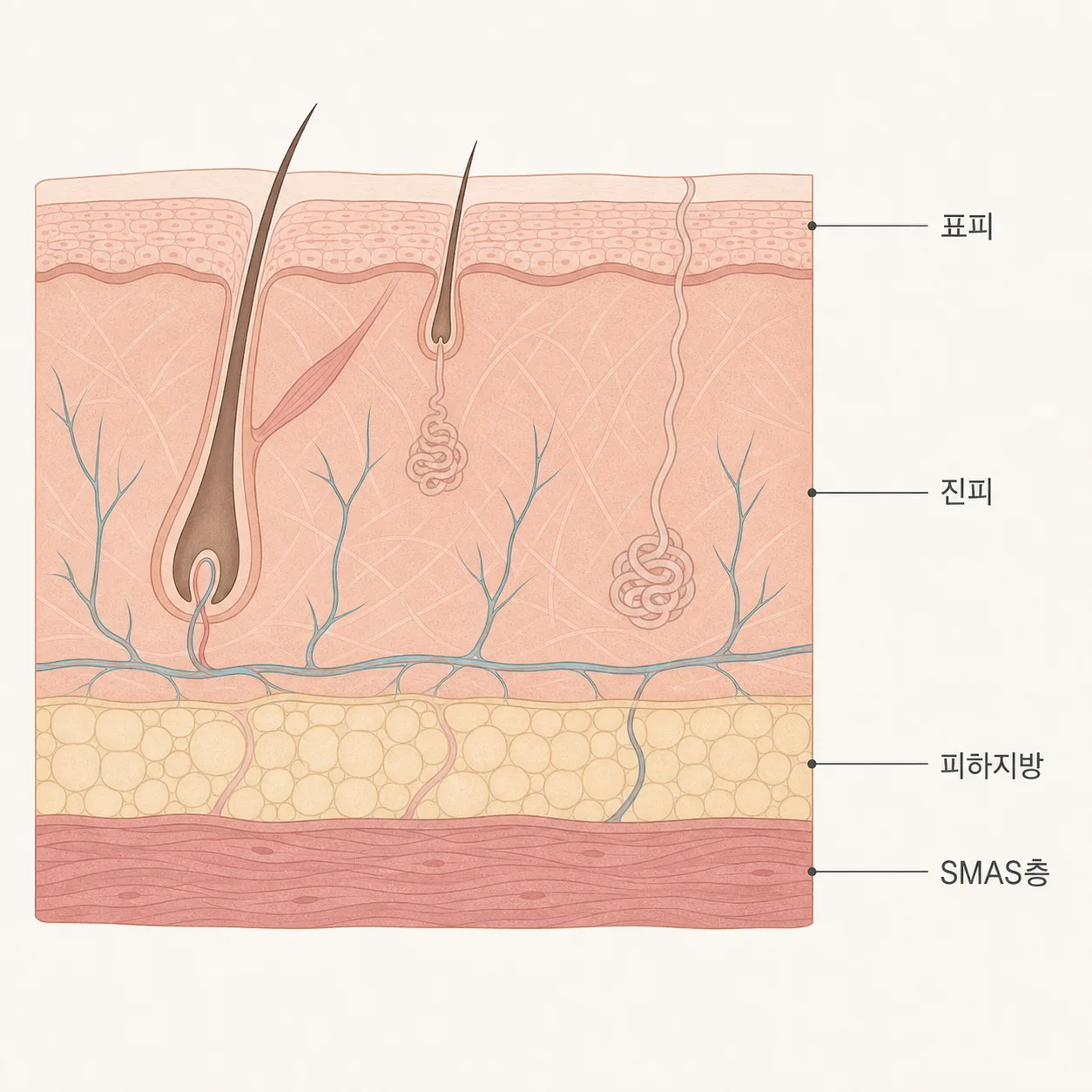 표피부터 SMAS층까지 이어지는 피부 단면