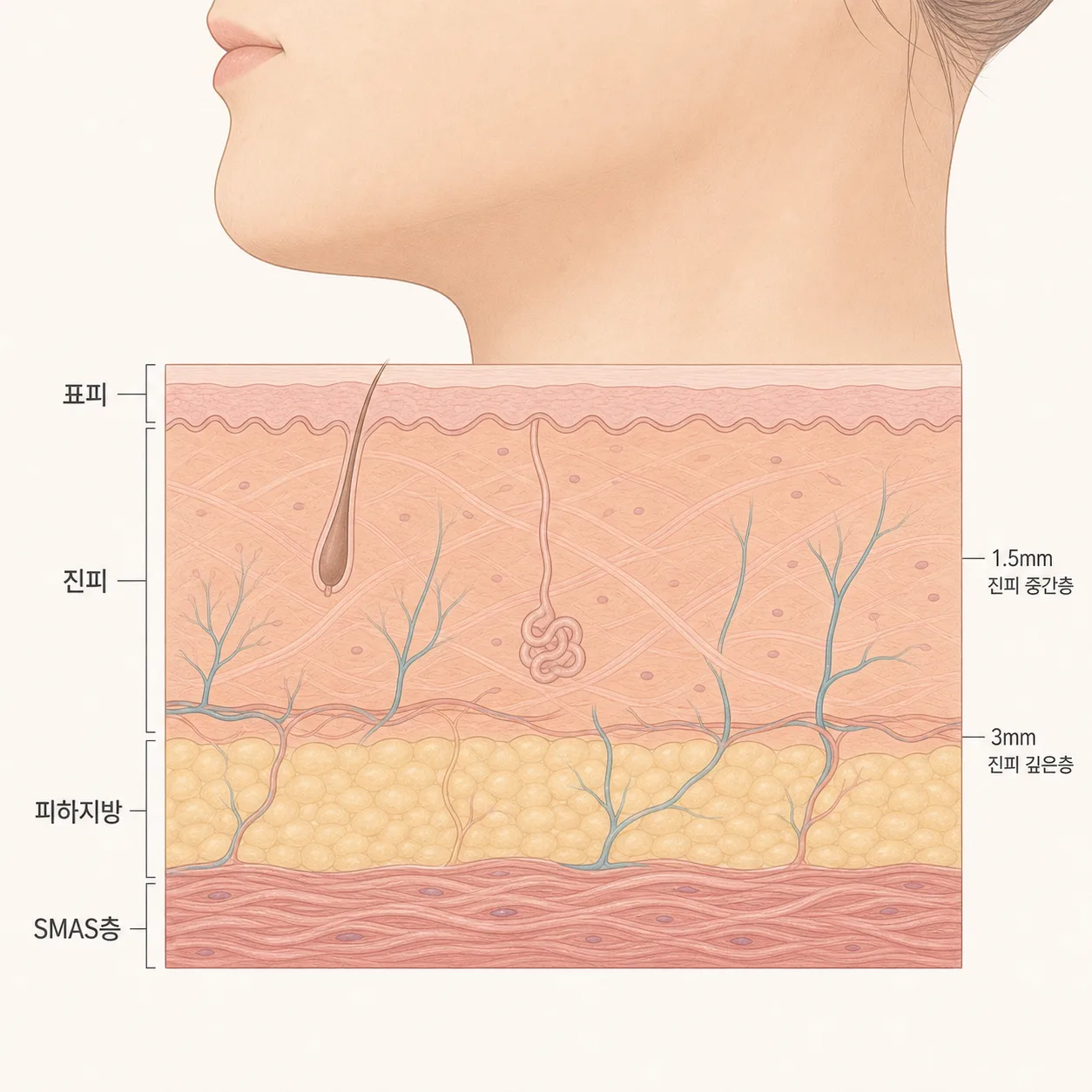 턱 아래 표피부터 SMAS층까지 이어지는 피부 단면