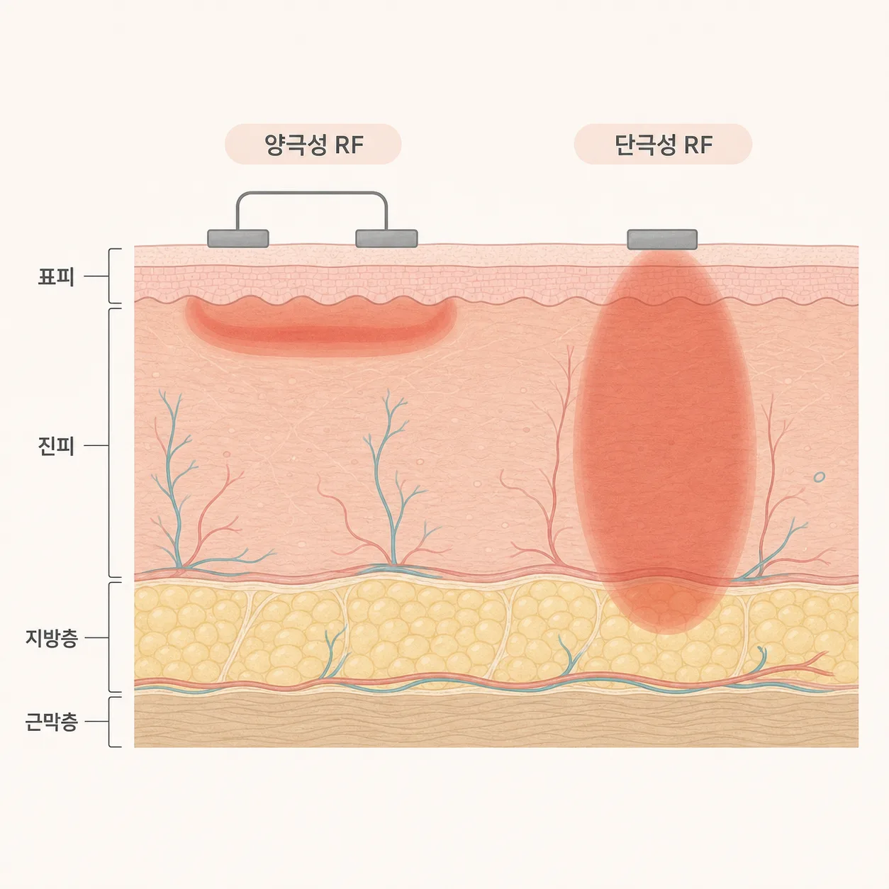 두 전극 사이의 얕은 가열과 진피 전체를 데우는 깊은 가열