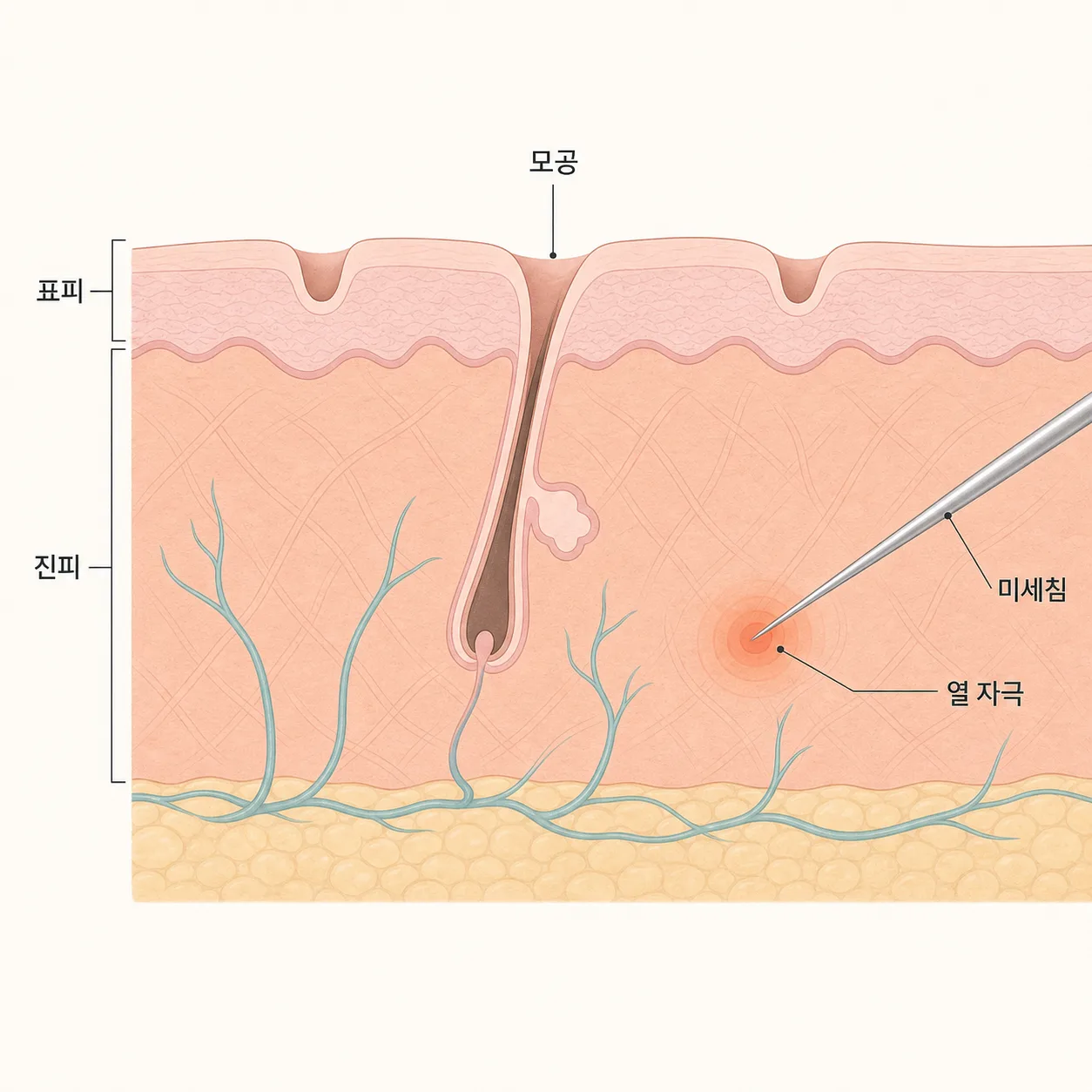 넓어진 모공과 진피에 열을 전달하는 미세침의 구조