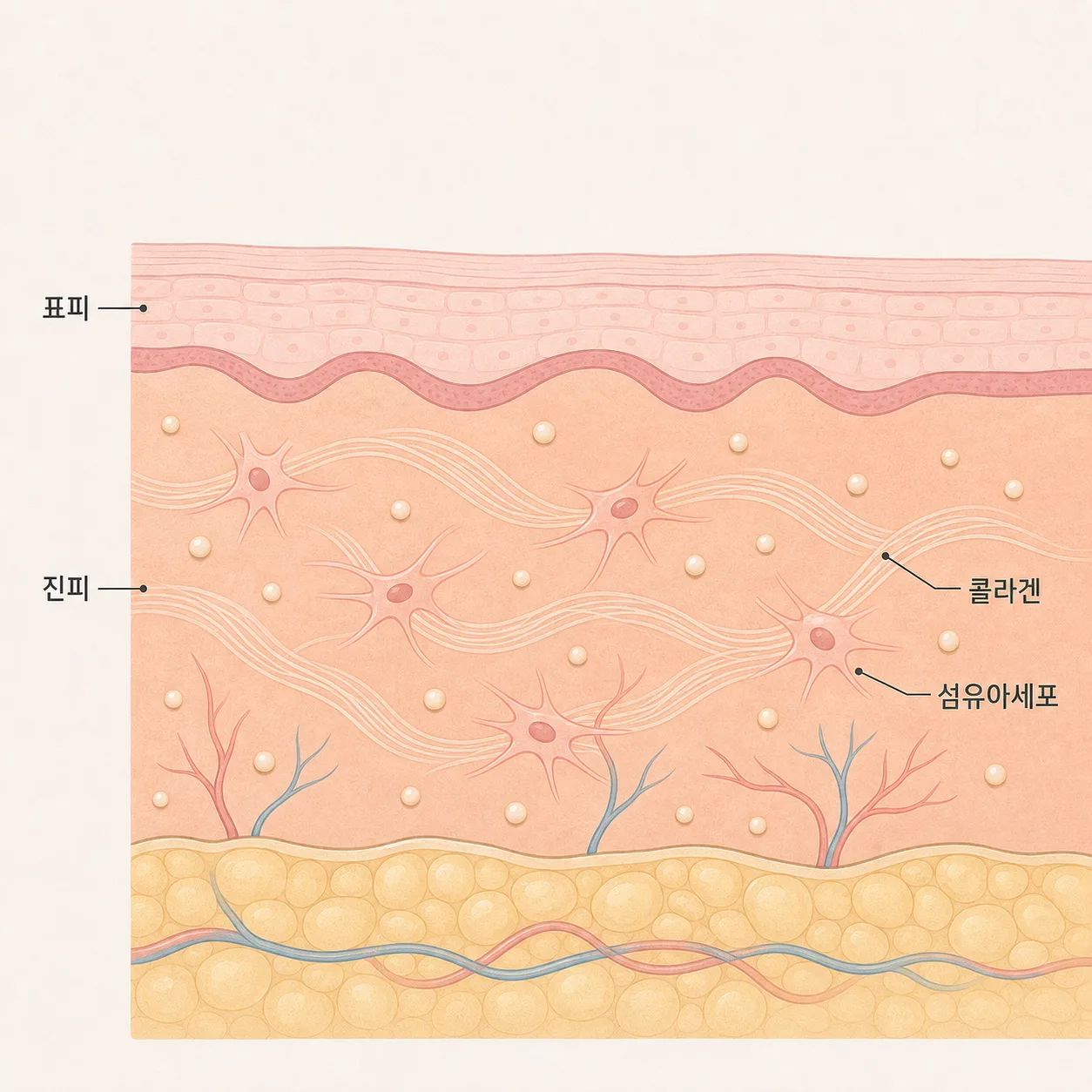 진피 안 섬유아세포가 자극받아 콜라겐 섬유를 만드는 단면
