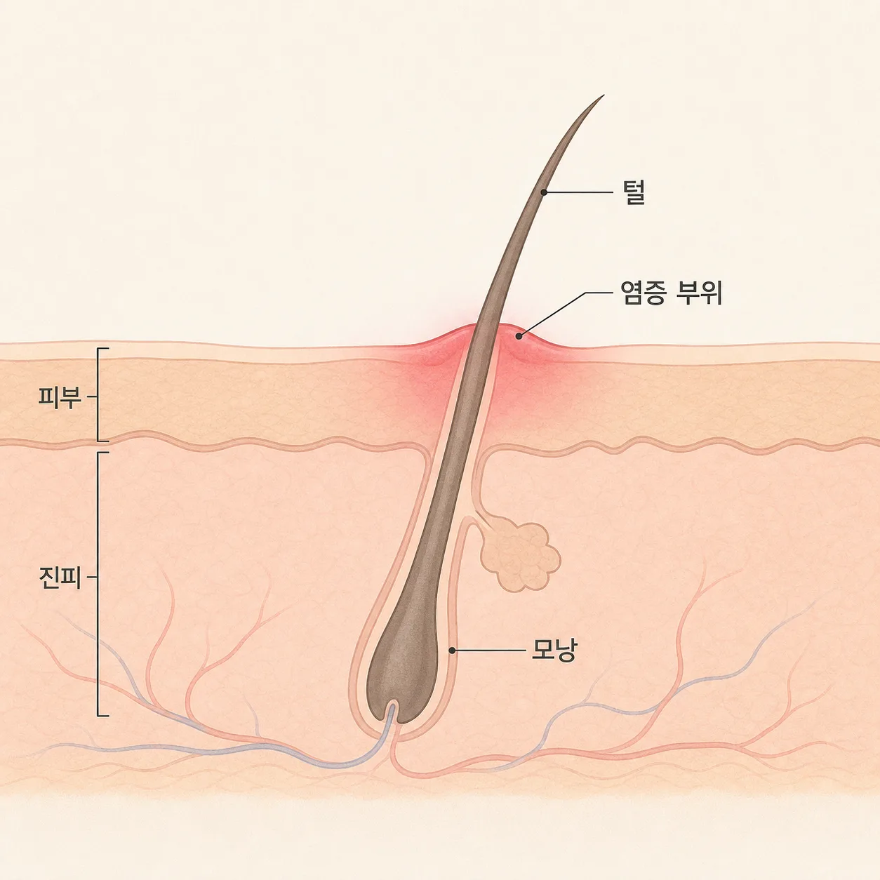 레이저 후 빠져나오는 털 주변에서 이물 반응으로 염증이 생기는 모낭 구조