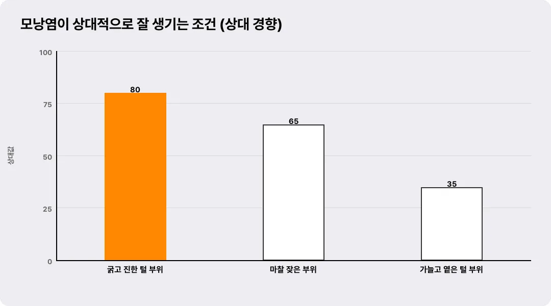 모낭염이 상대적으로 잘 생기는 조건 (상대 경향)