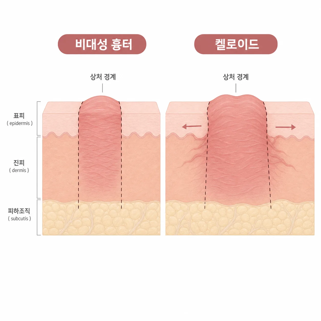 상처 경계 안에 머무는 비대성 흉터와 경계를 넘어 번지는 켈로이드의 비교