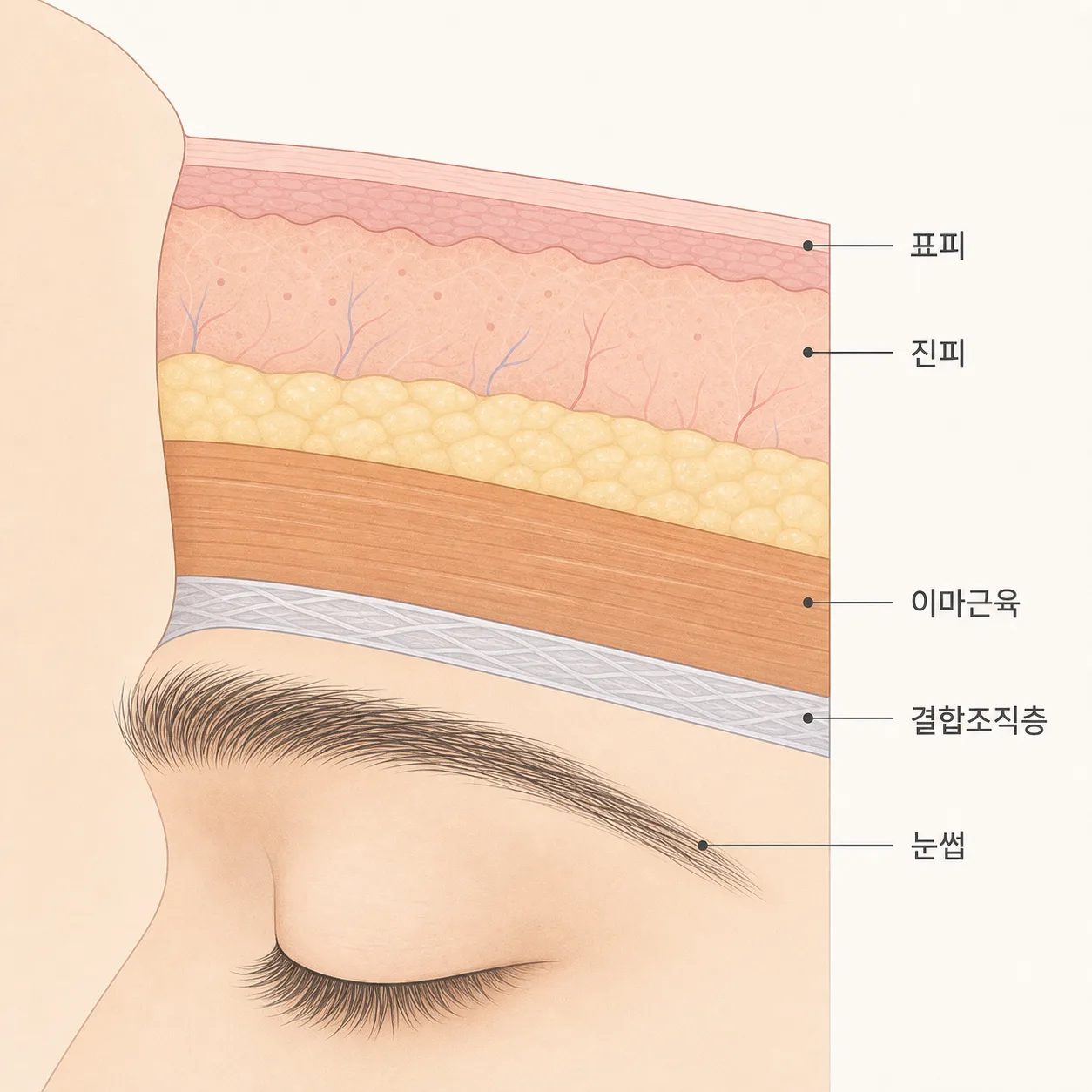 이마 피부 아래 근육과 결합조직층이 겹쳐 있는 단면