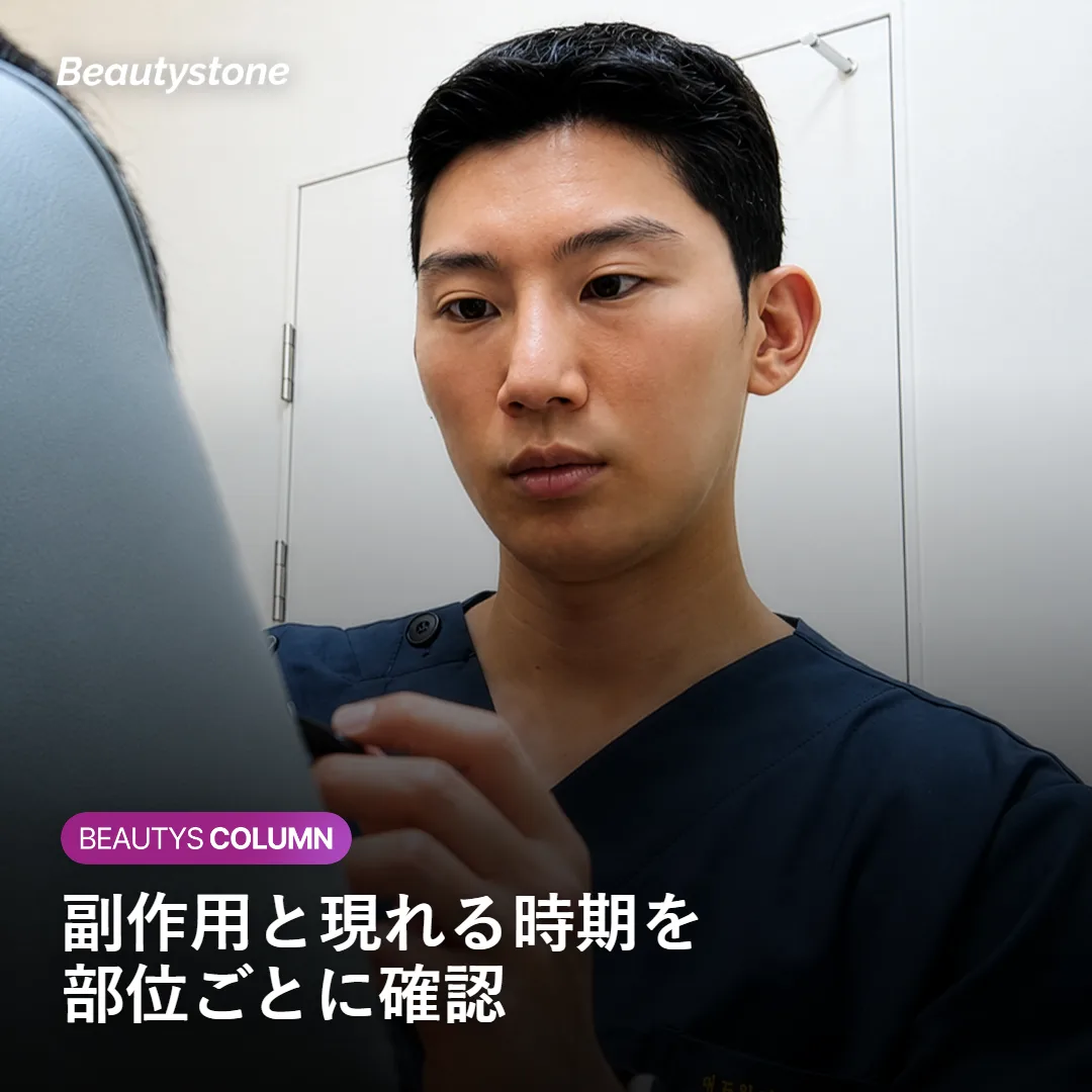 こめかみ施術で起こりうる副作用と、その時期を示す図