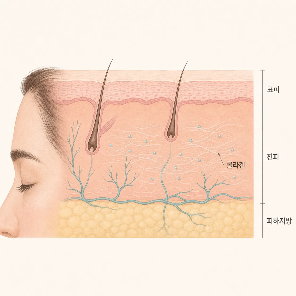 이마·관자 피부층과 콜라겐이 차오르는 자리