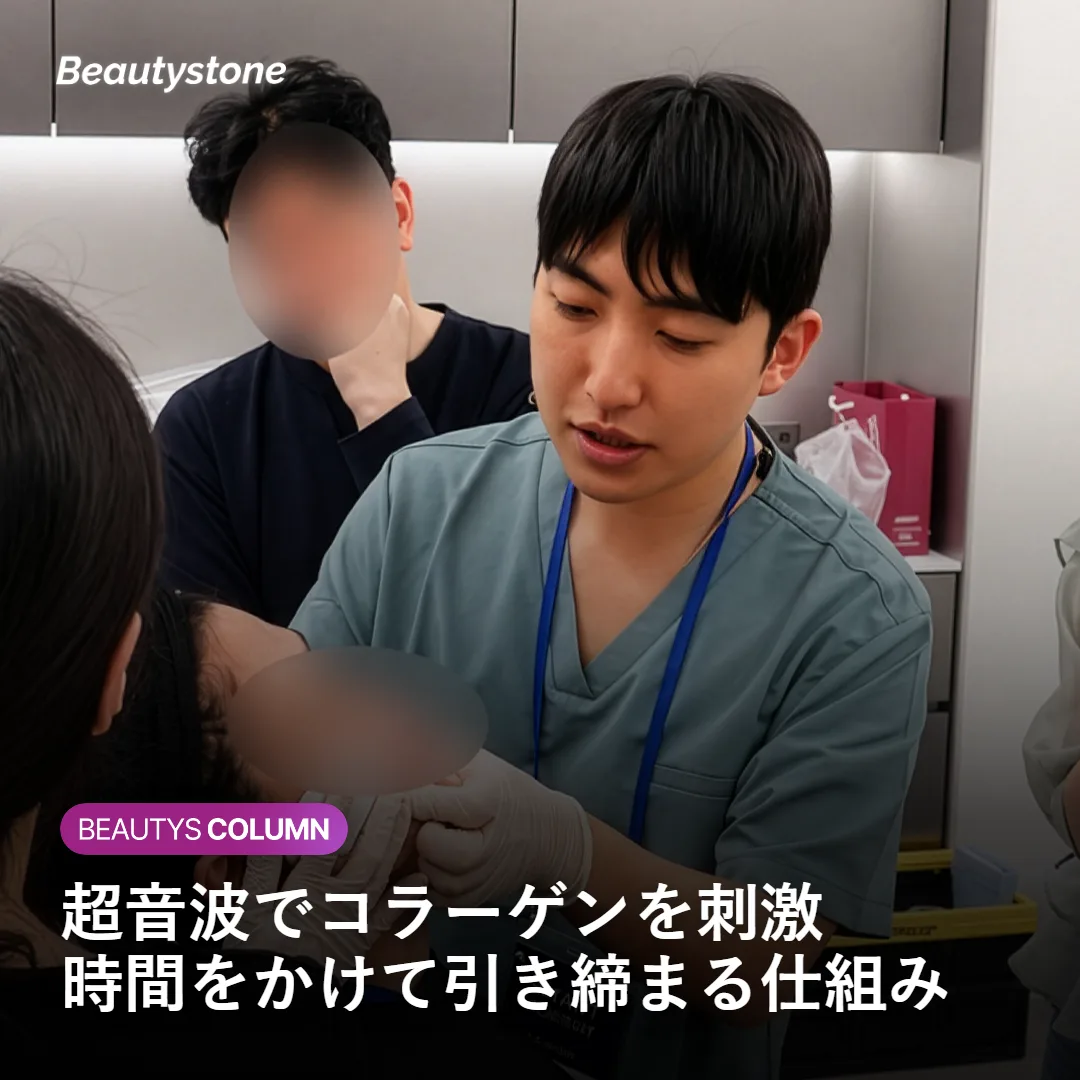 超音波エネルギーが肌の深い層に届きコラーゲンを刺激する仕組みを示す図