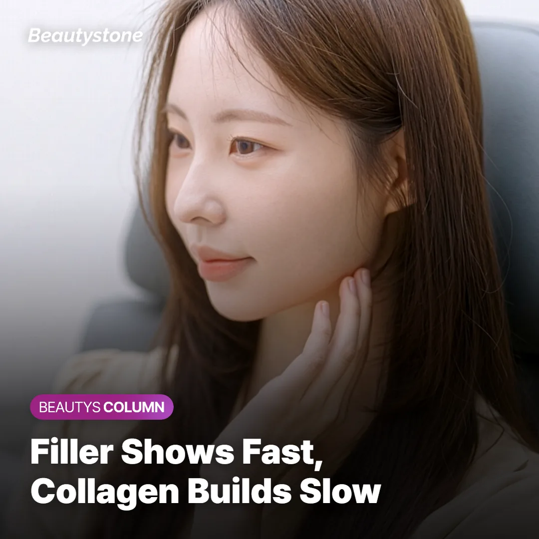 Timeline graphic comparing how quickly filler volume appears versus how slowly InMode FX collagen results build