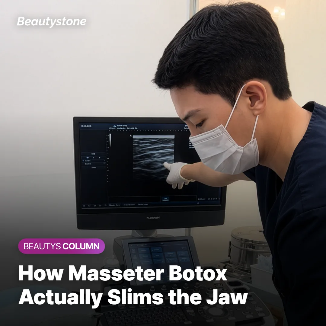 Diagram showing how Botox blocks nerve signals to the masseter muscle to slim the jawline