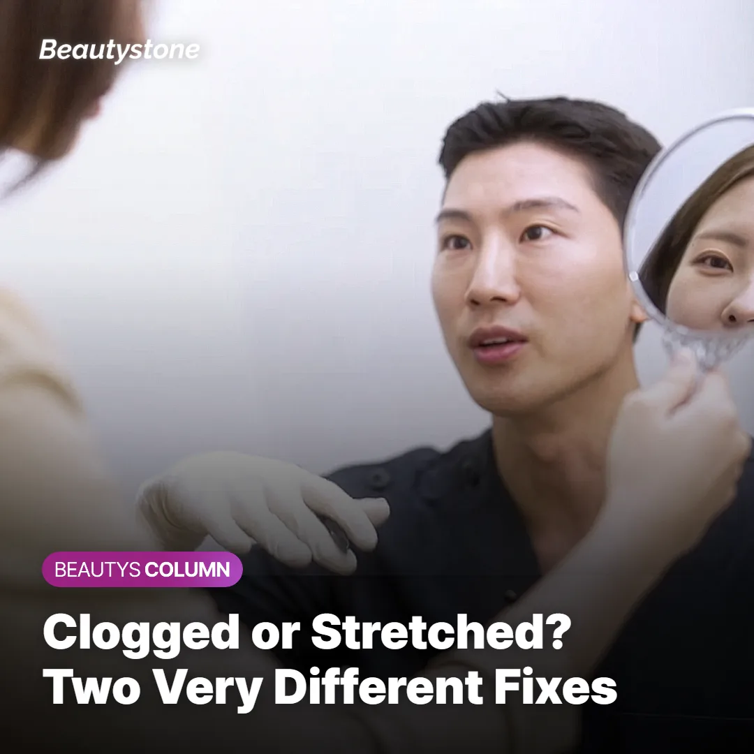 Diagram comparing clogged pores versus stretched pores caused by collagen breakdown