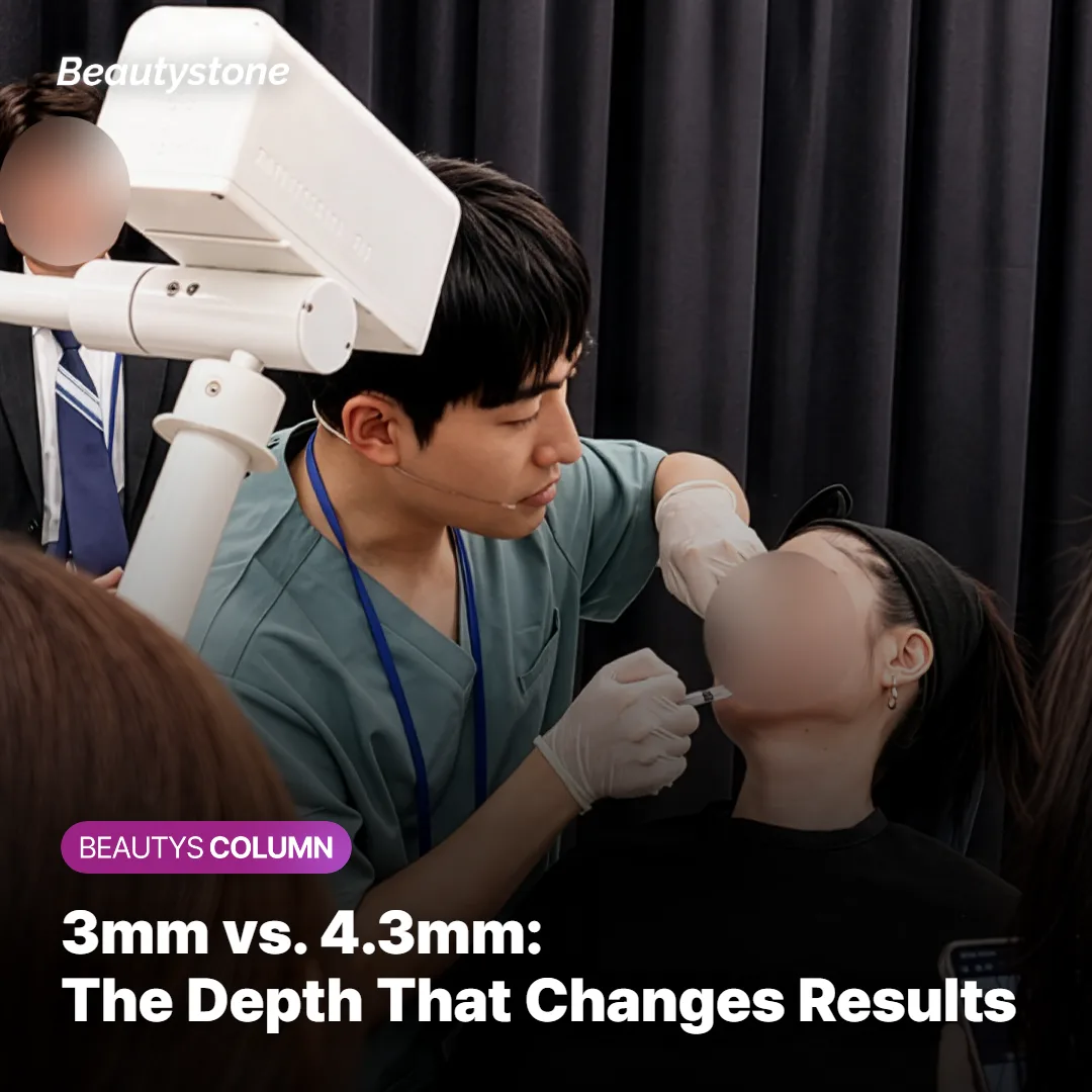 Diagram comparing RF treatment depth: about 3mm for typical domestic devices versus about 4.3mm for Thermage FLX