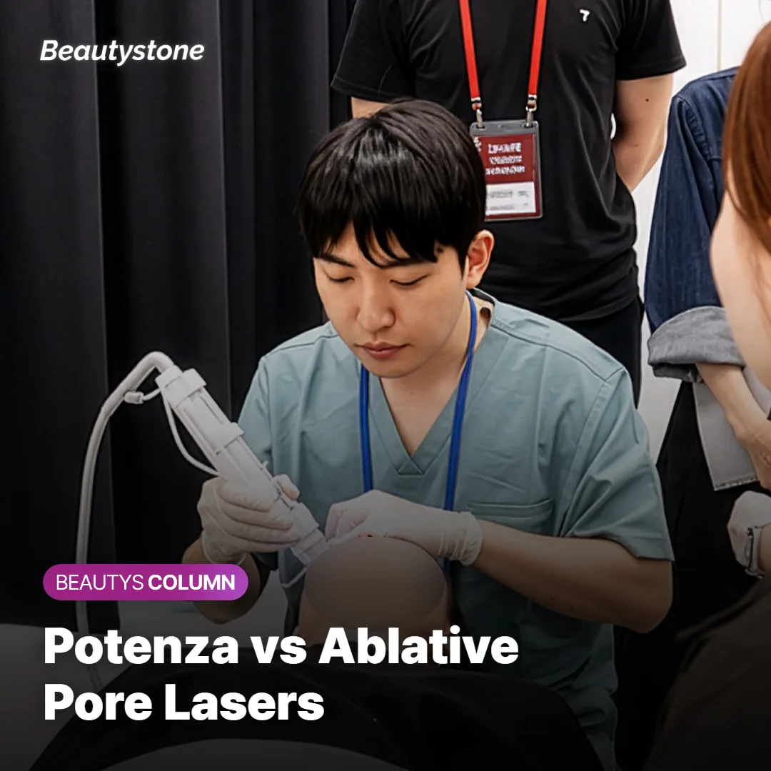 Diagram comparing how ablative pore lasers and Potenza RF microneedling reach different layers of skin