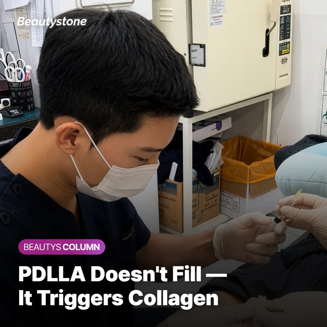 Diagram showing PDLLA breaking down in the dermis and activating fibroblasts to produce collagen