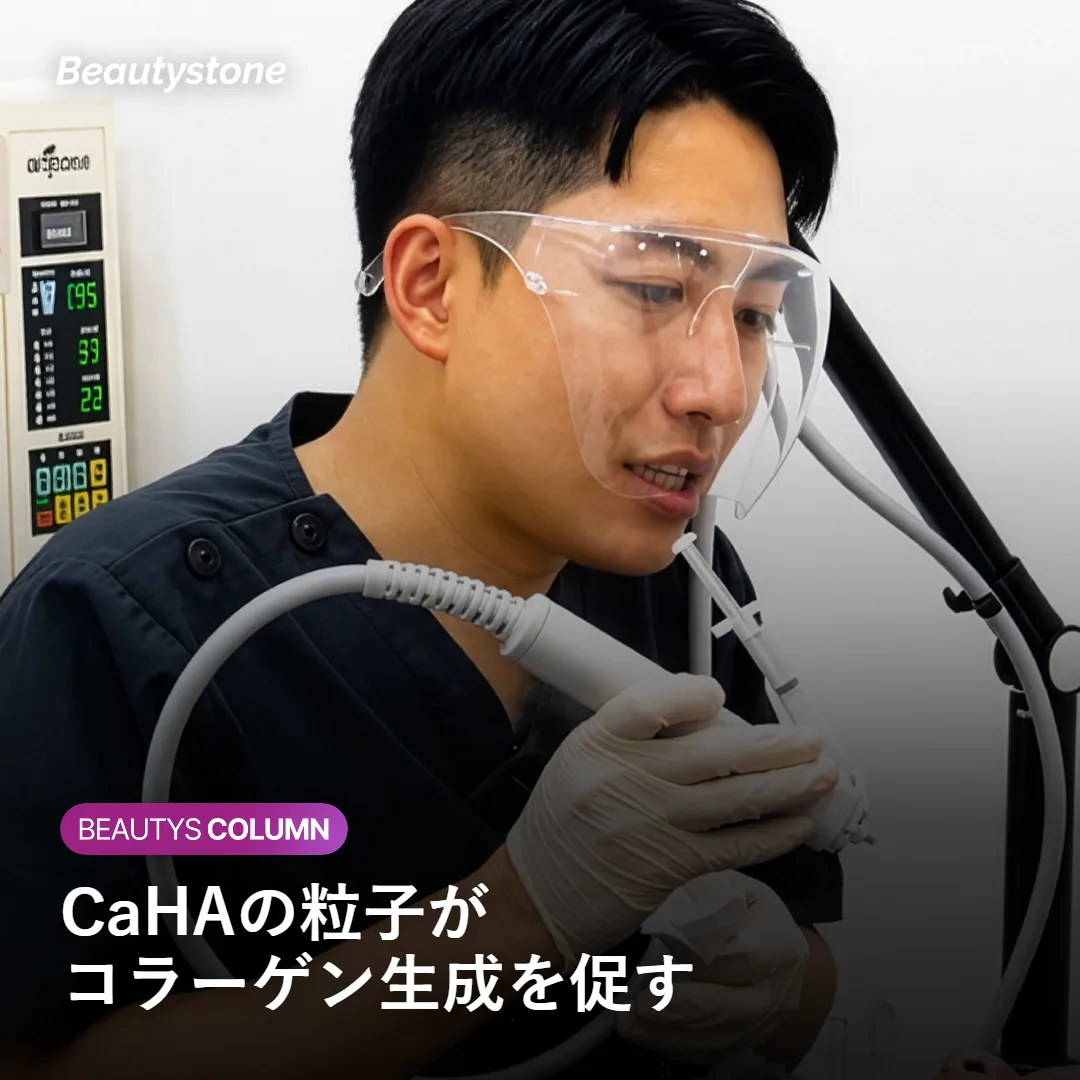 CaHAの粒子がコラーゲン生成を促す仕組みを示す図