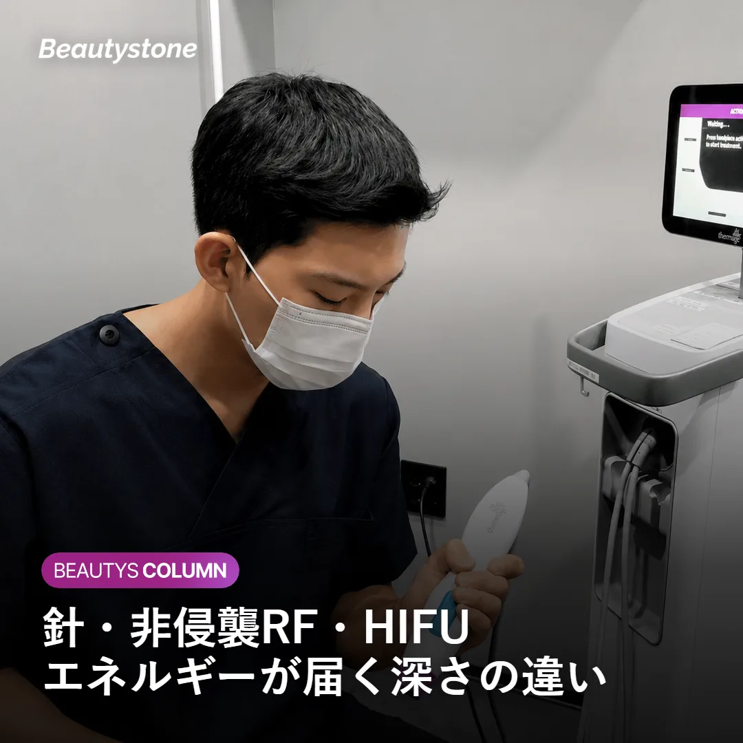 針型RF・非侵襲RF・HIFUの仕組みの違いを示す図