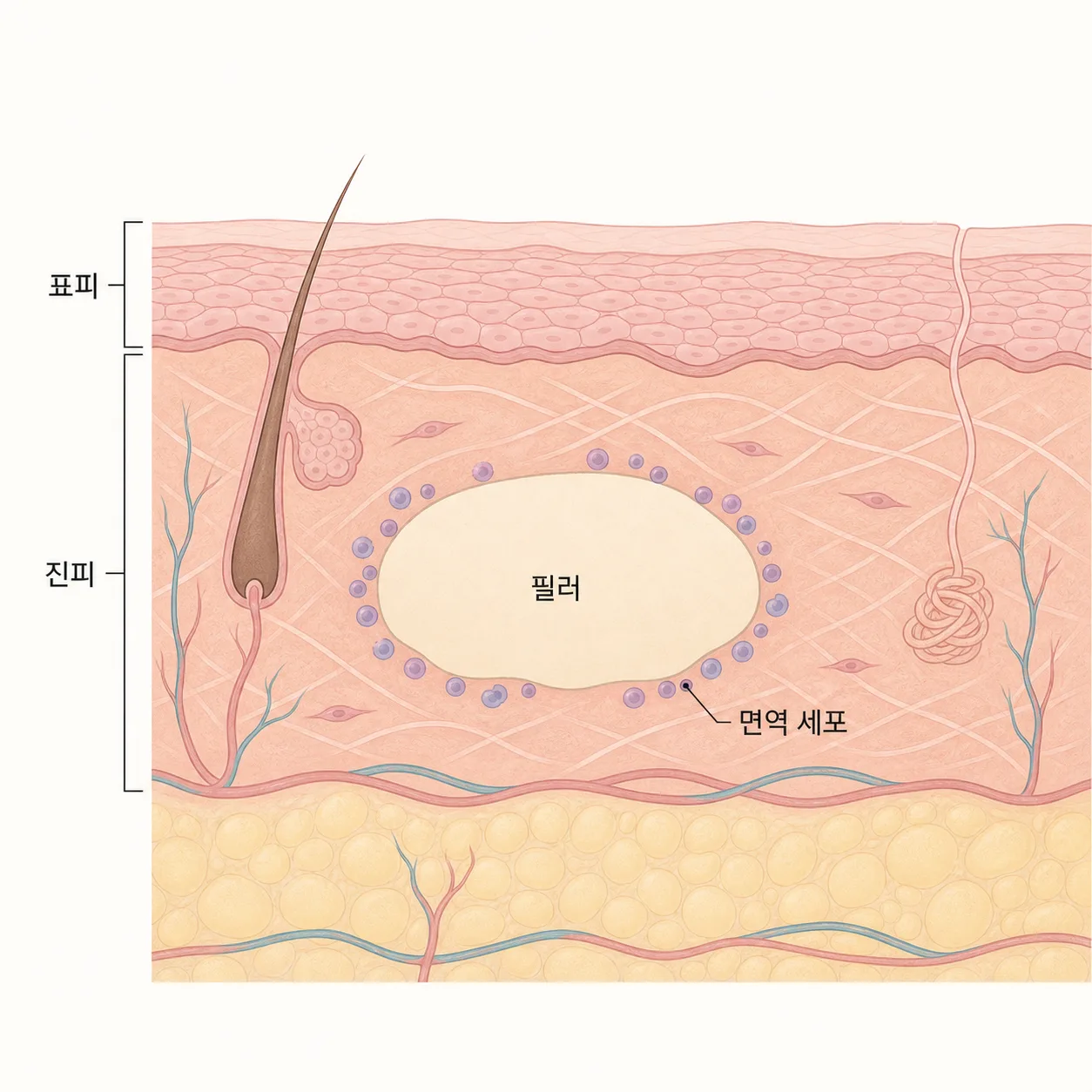 자리 잡은 필러와 그 주변에 모이는 면역 세포