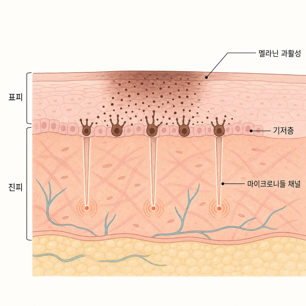 마이크로니들 RF 자극 후 기저층에서 멜라닌이 과생성되는 과정