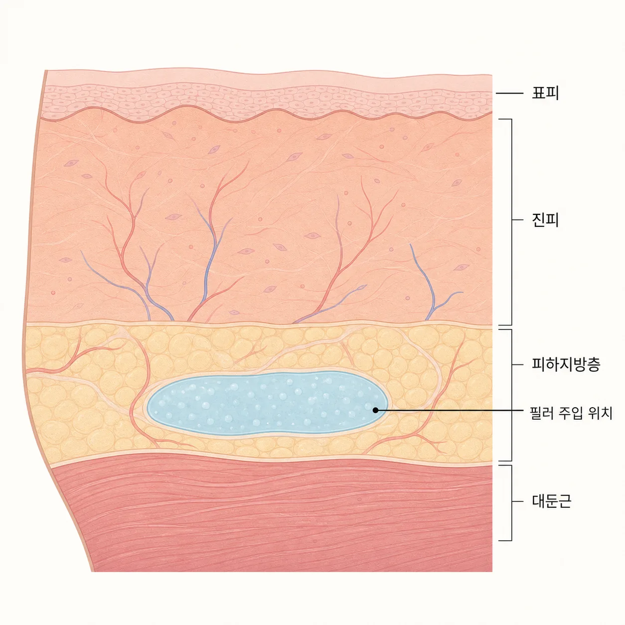 힙 필러의 피하지방층 내 주입 위치 단면도