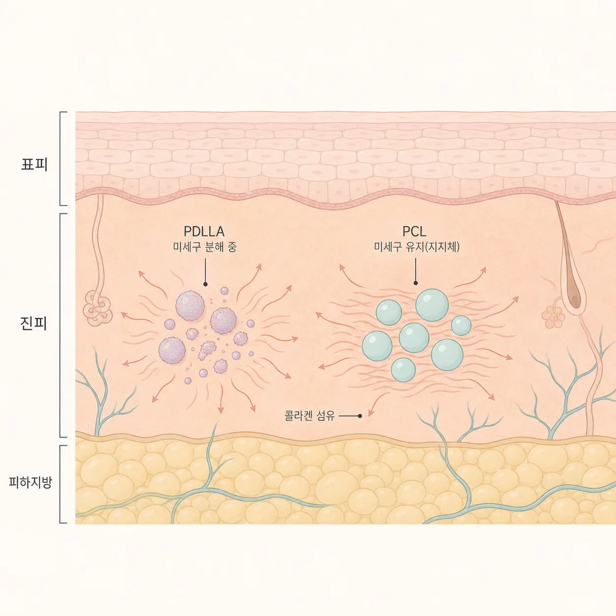 진피층 안에서 콜라겐 합성을 자극하는 PDLLA(쥬베룩 볼륨)와 PCL(엘란세) 미세구조물