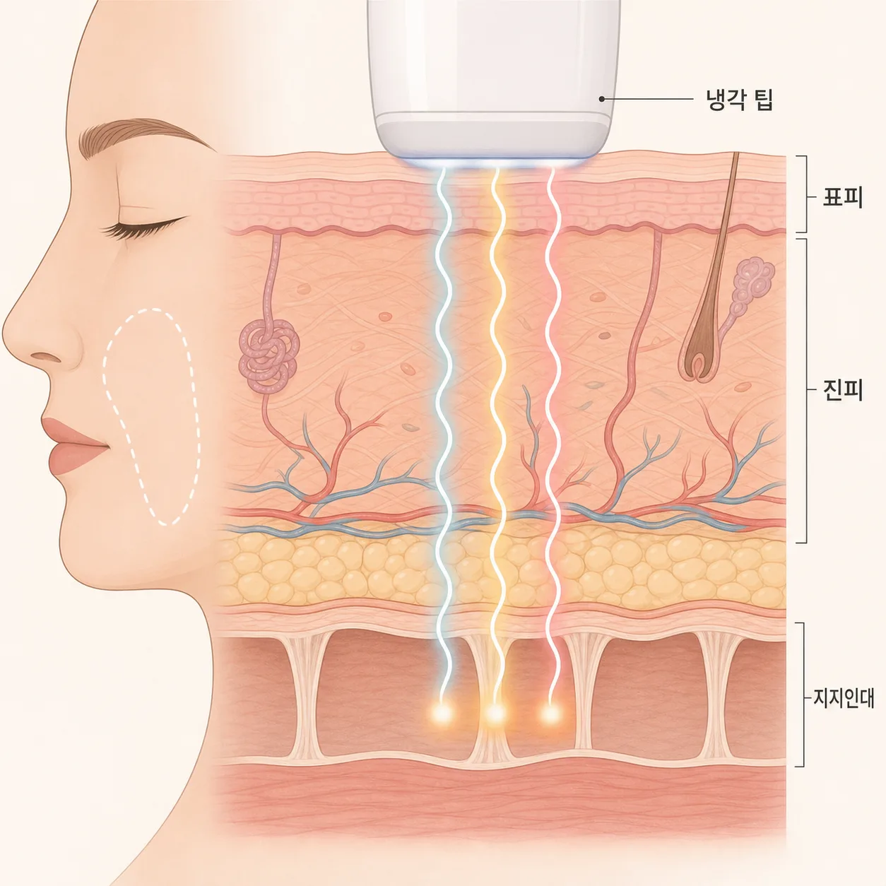 세 파장의 레이저 에너지가 진피와 지지인대까지 닿는 단면