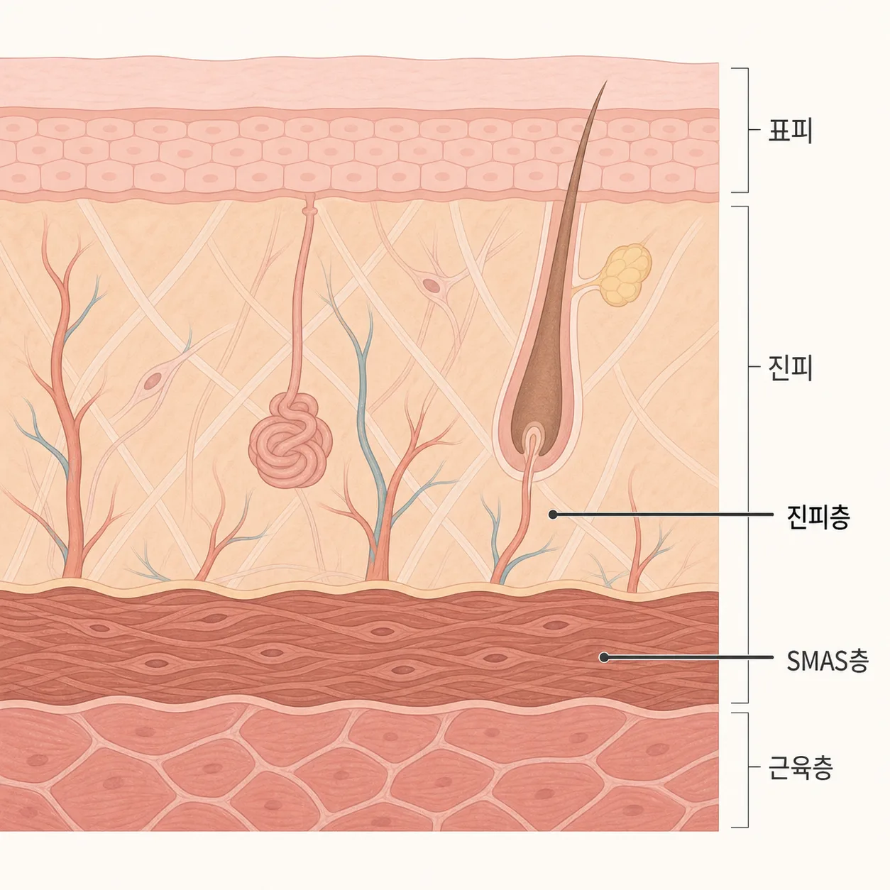 초음파와 레이저 에너지가 닿는 피부 층 깊이 차이