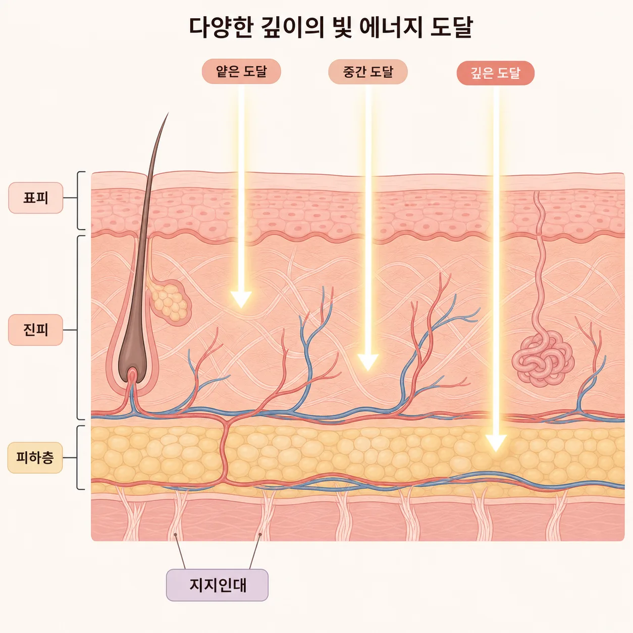세 파장이 진피와 지지인대까지 열을 전달하는 위치