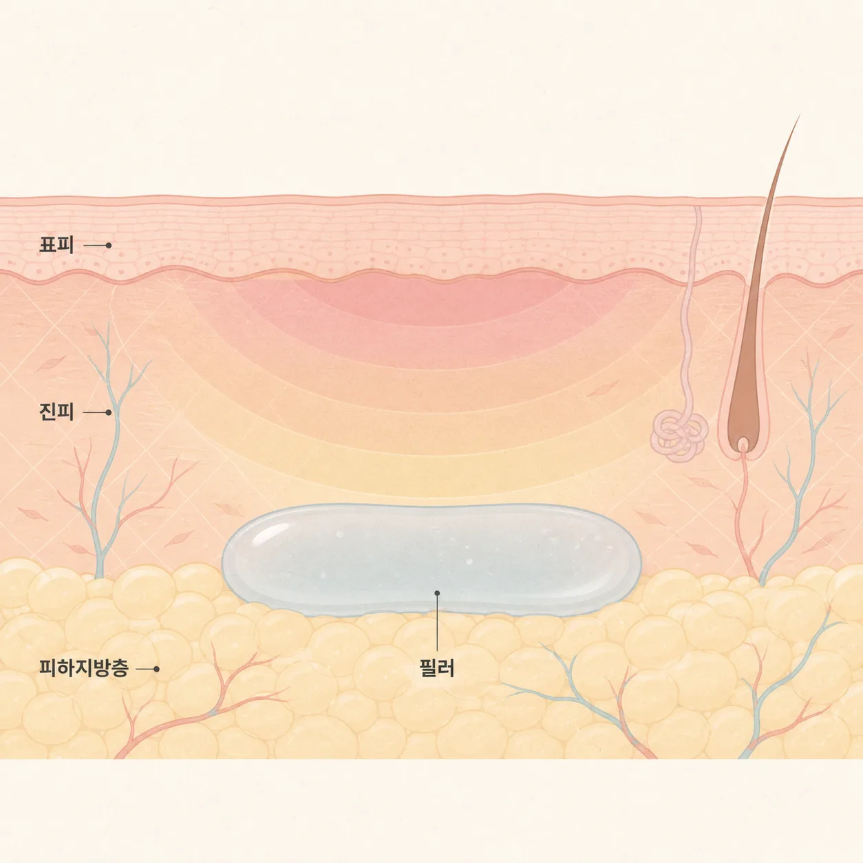 피부 층과 필러가 자리잡은 깊이, 그리고 열이 퍼지는 경로