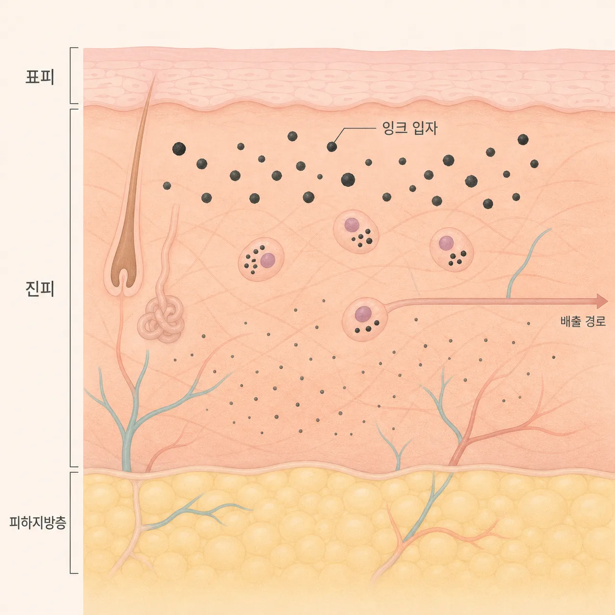깊이에 따라 남는 잉크 입자와 몸이 이를 치워내는 경로
