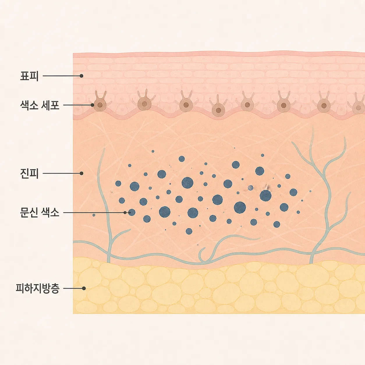 표피의 색소 세포와 진피에 자리 잡은 문신 색소