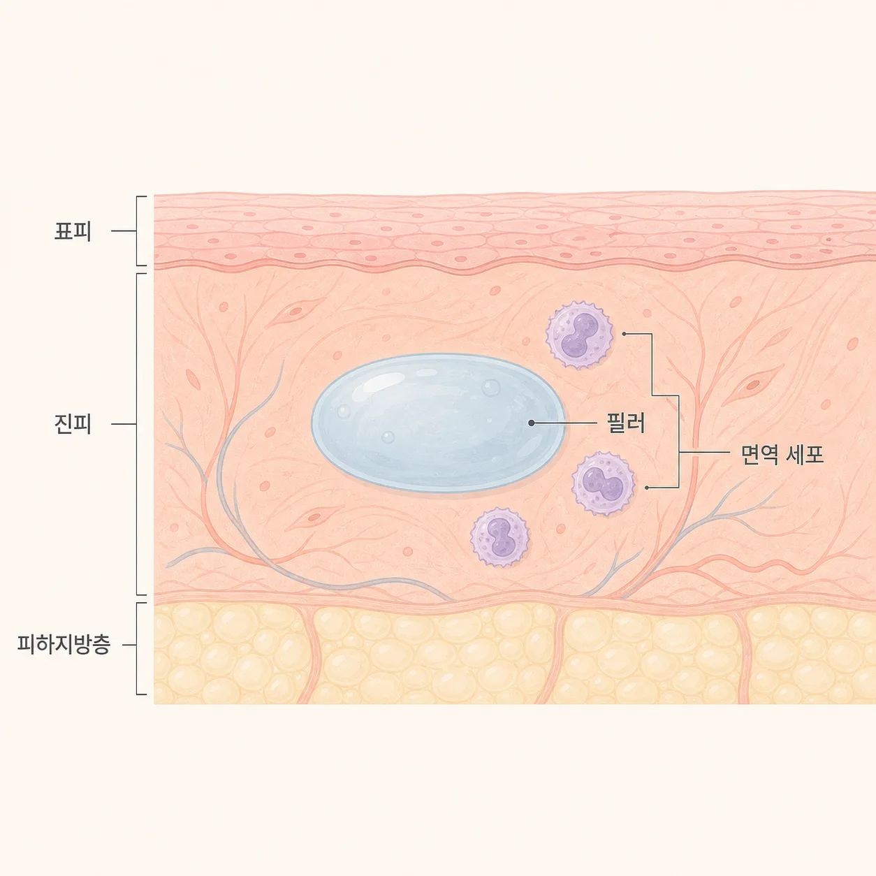 진피에 자리한 필러와 주변 면역 세포